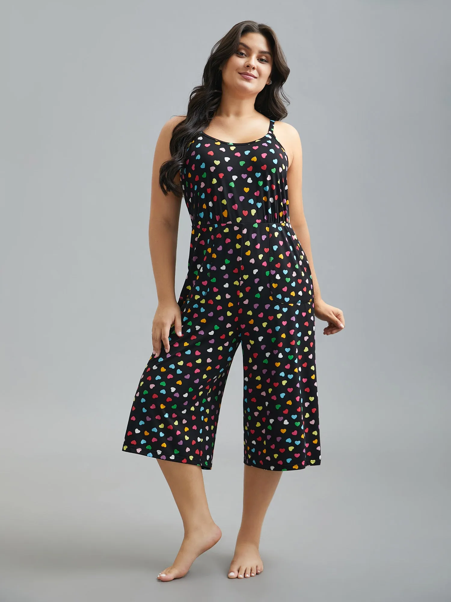 Multi-Color Hearts Print Cami Lounge Jumpsuit sold by Bloomchic