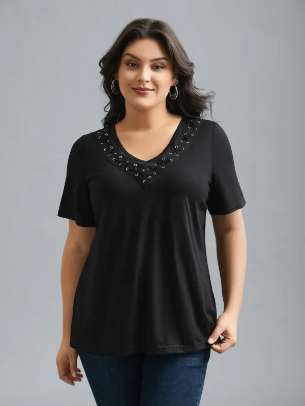 Stretchy V-Neck Hollow Fitted T-Shirt sold by Bloomchic