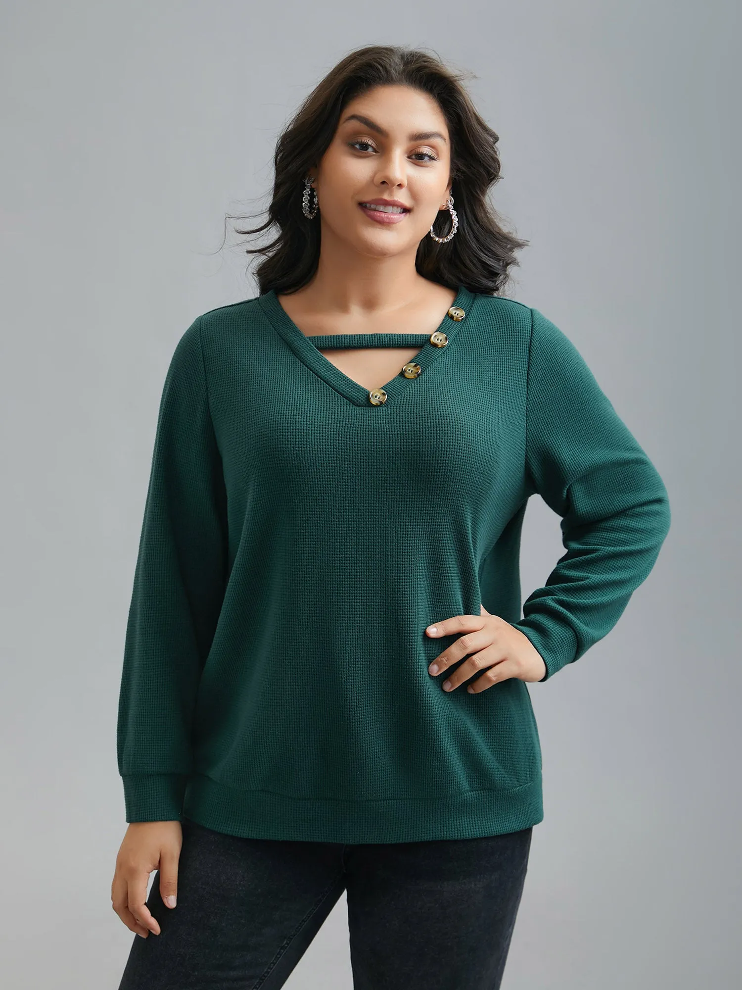 Neck Cut-Out Button Detail Sweatshirt sold by Bloomchic