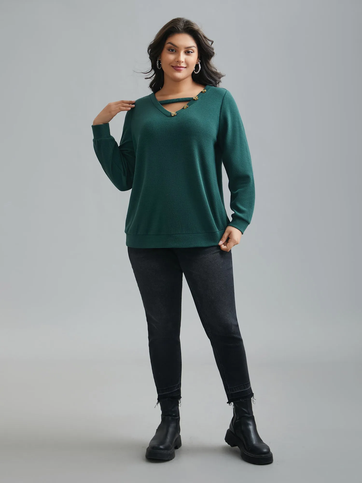 Neck Cut-Out Button Detail Sweatshirt sold by Bloomchic product image thumbnail 3