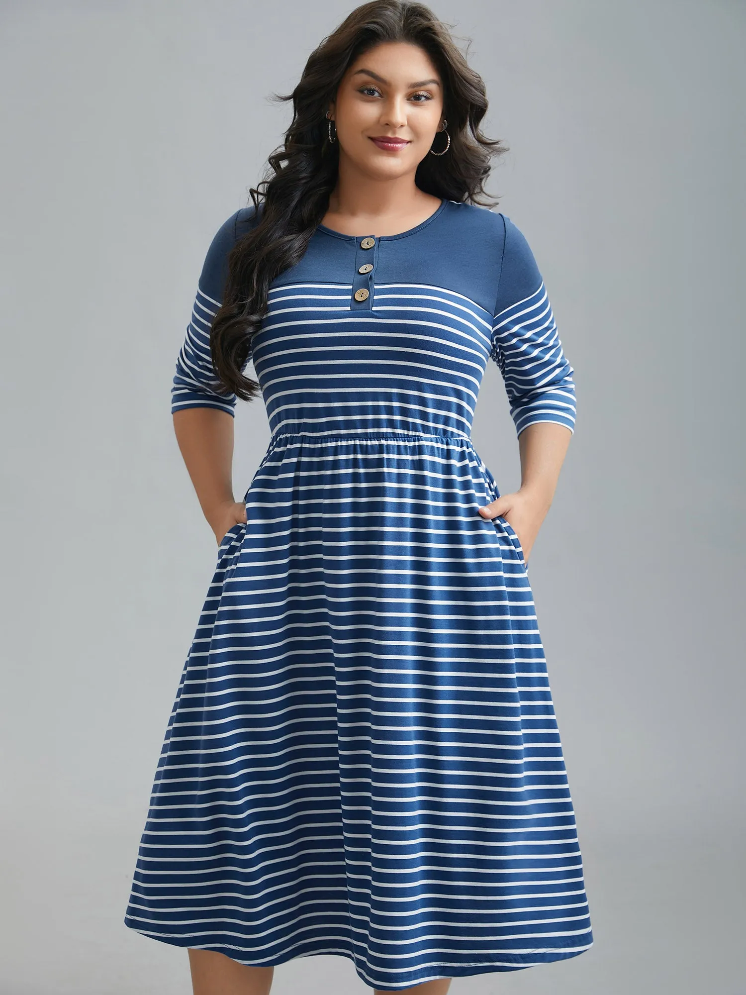 Colorblock Striped Waist-Cinched Midi Dress sold by Bloomchic