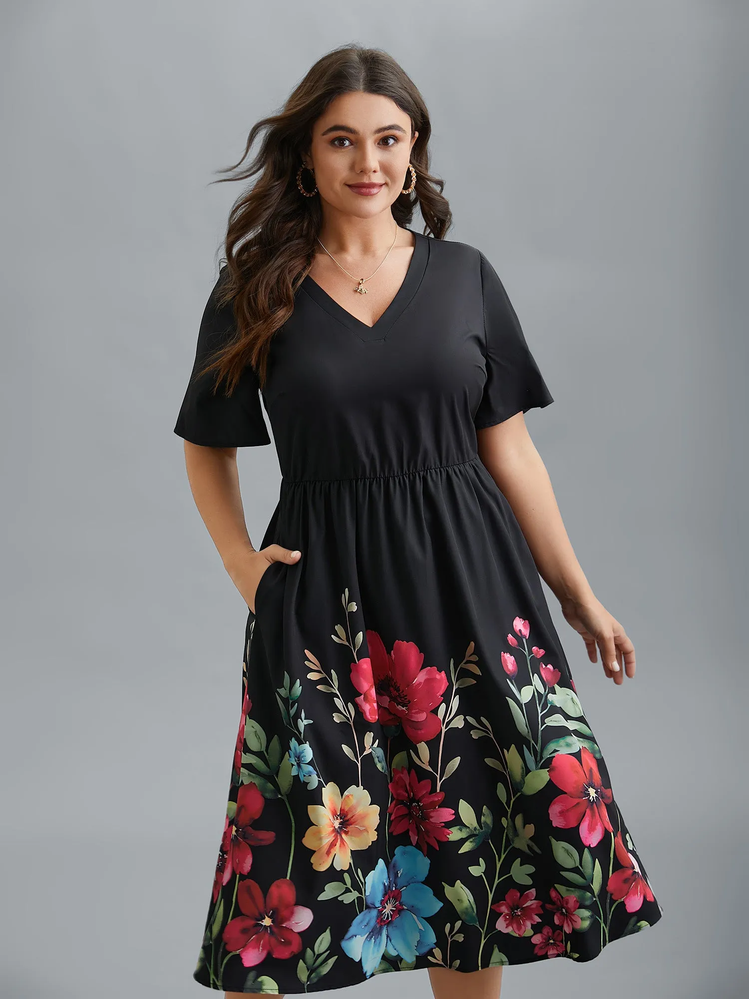 Floral Print V-Neck Half-Sleeve Midi Dress sold by Bloomchic