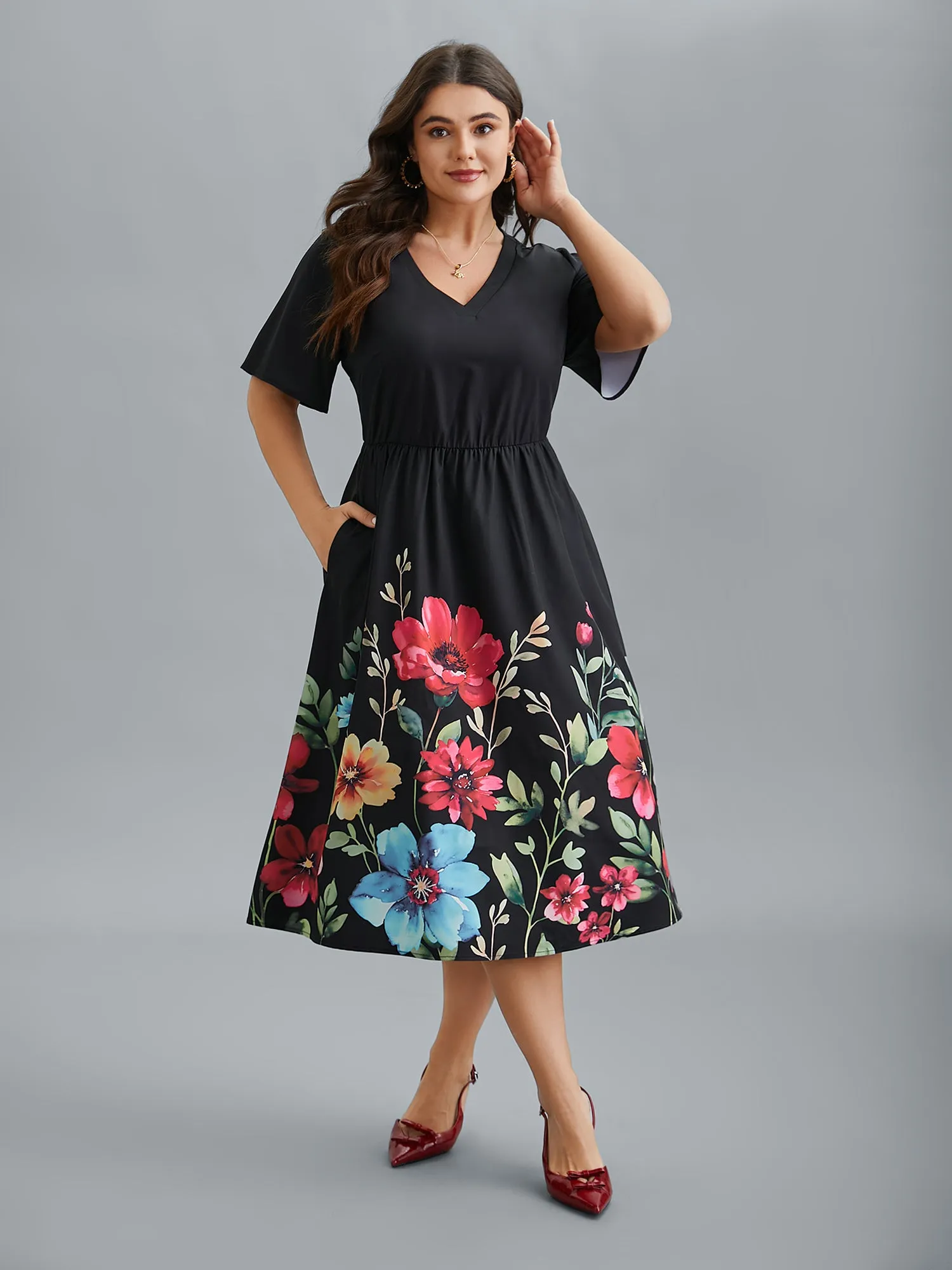 Floral Print V-Neck Half-Sleeve Midi Dress sold by Bloomchic product image thumbnail 2