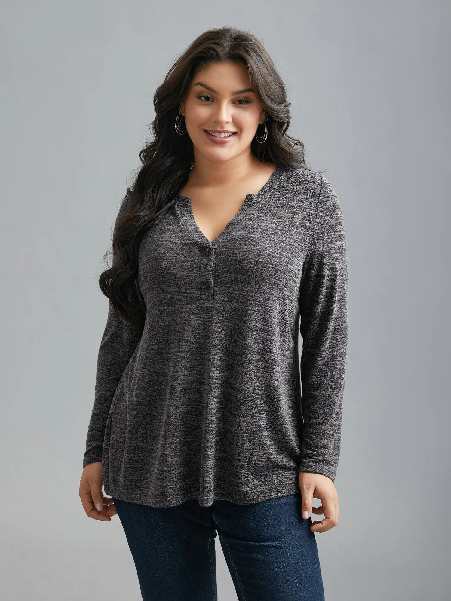 Heather Textured Button-Front Fitted T-Shirt sold by Bloomchic product image thumbnail 4