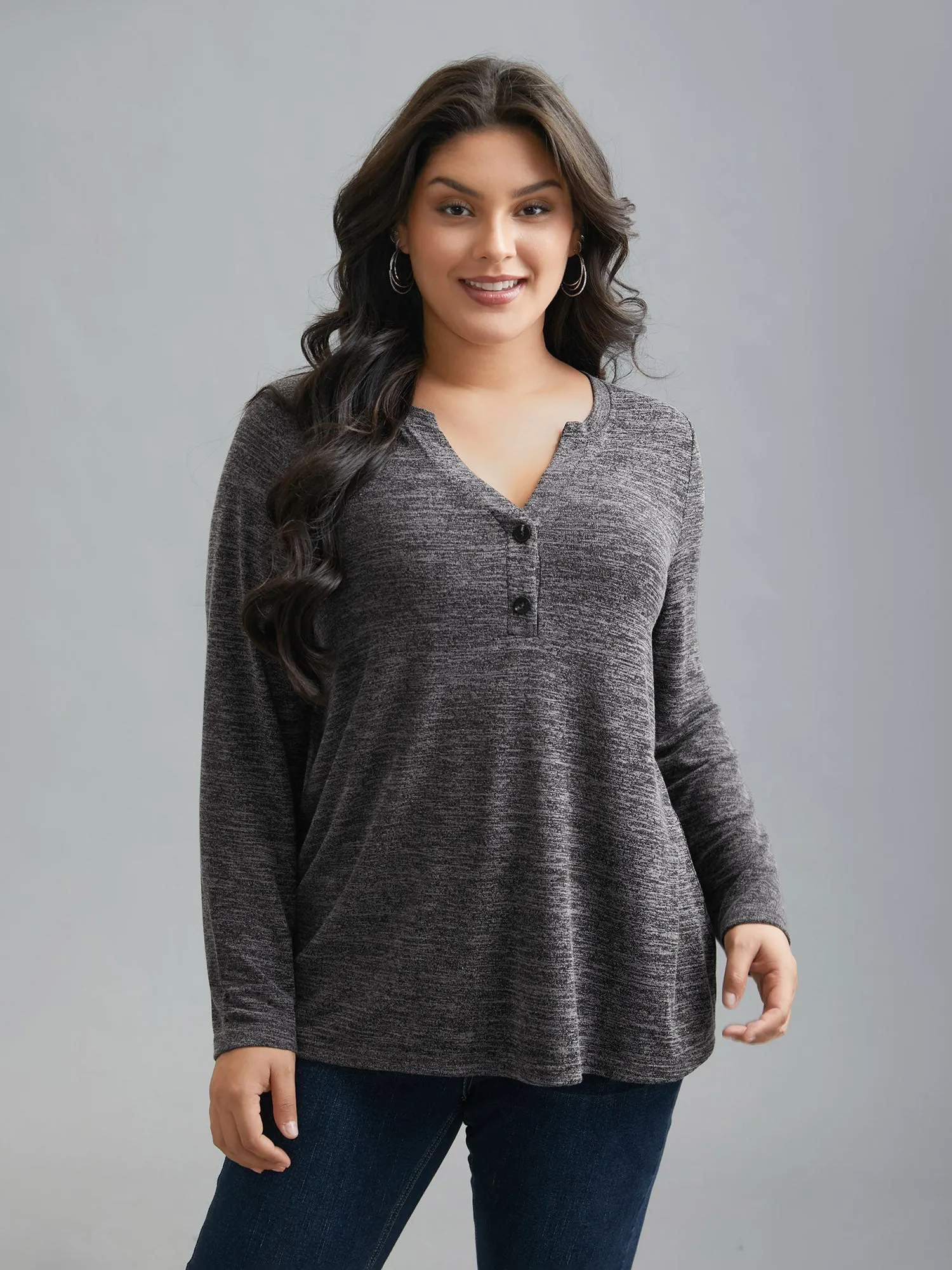 Heather Textured Button-Front Fitted T-Shirt sold by Bloomchic