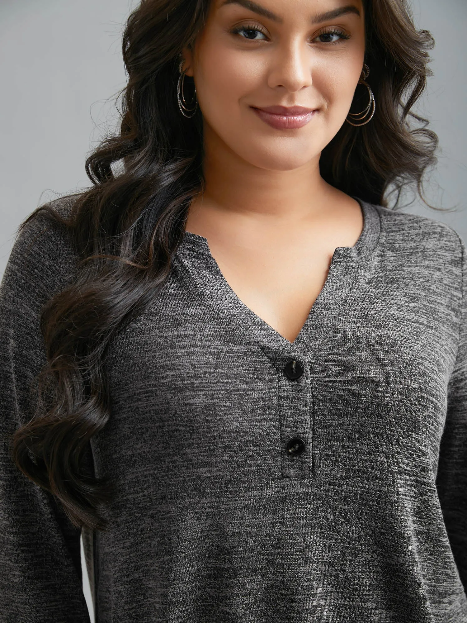 Heather Textured Button-Front Fitted T-Shirt sold by Bloomchic product image thumbnail 2