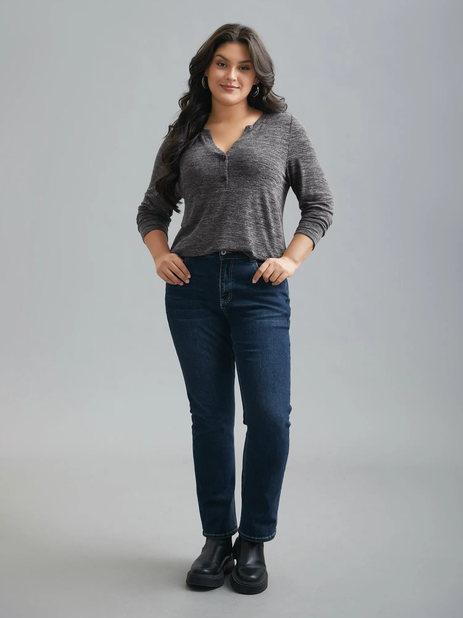 Heather Textured Button-Front Fitted T-Shirt sold by Bloomchic product image thumbnail 3