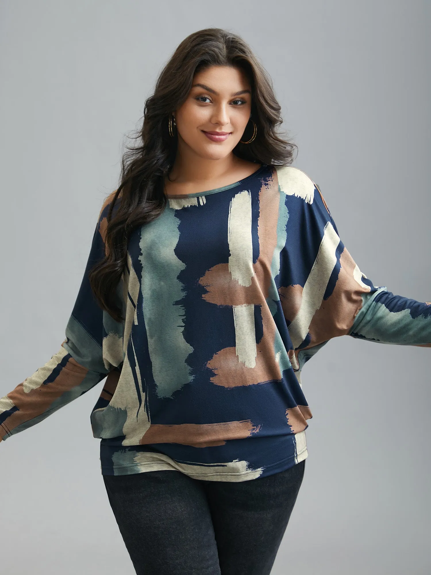 Abstract Print Dolman Sleeve T-Shirt sold by Bloomchic