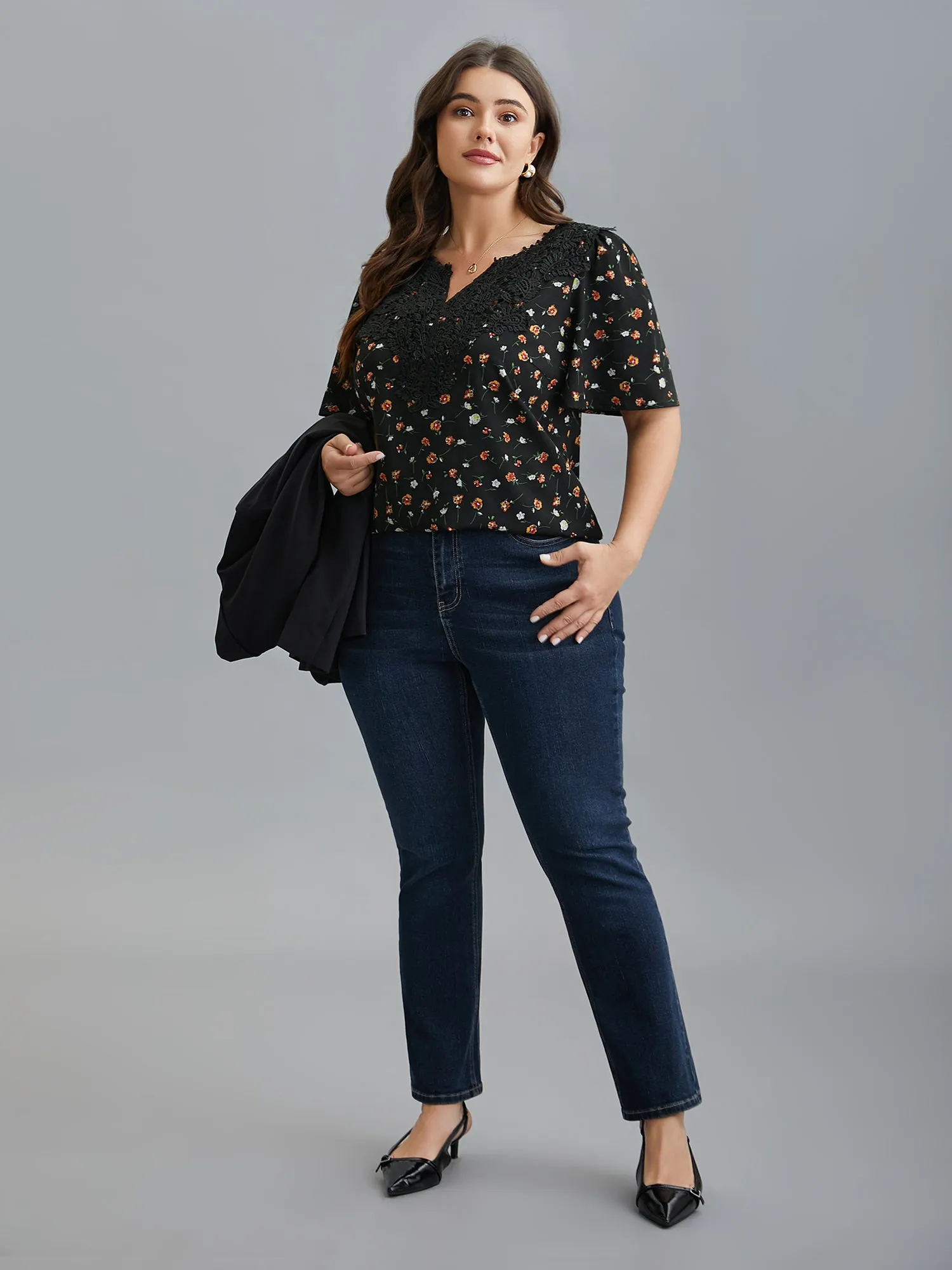 Lace Spliced Floral Print Notched Collar Blouse sold by Bloomchic product image thumbnail 2