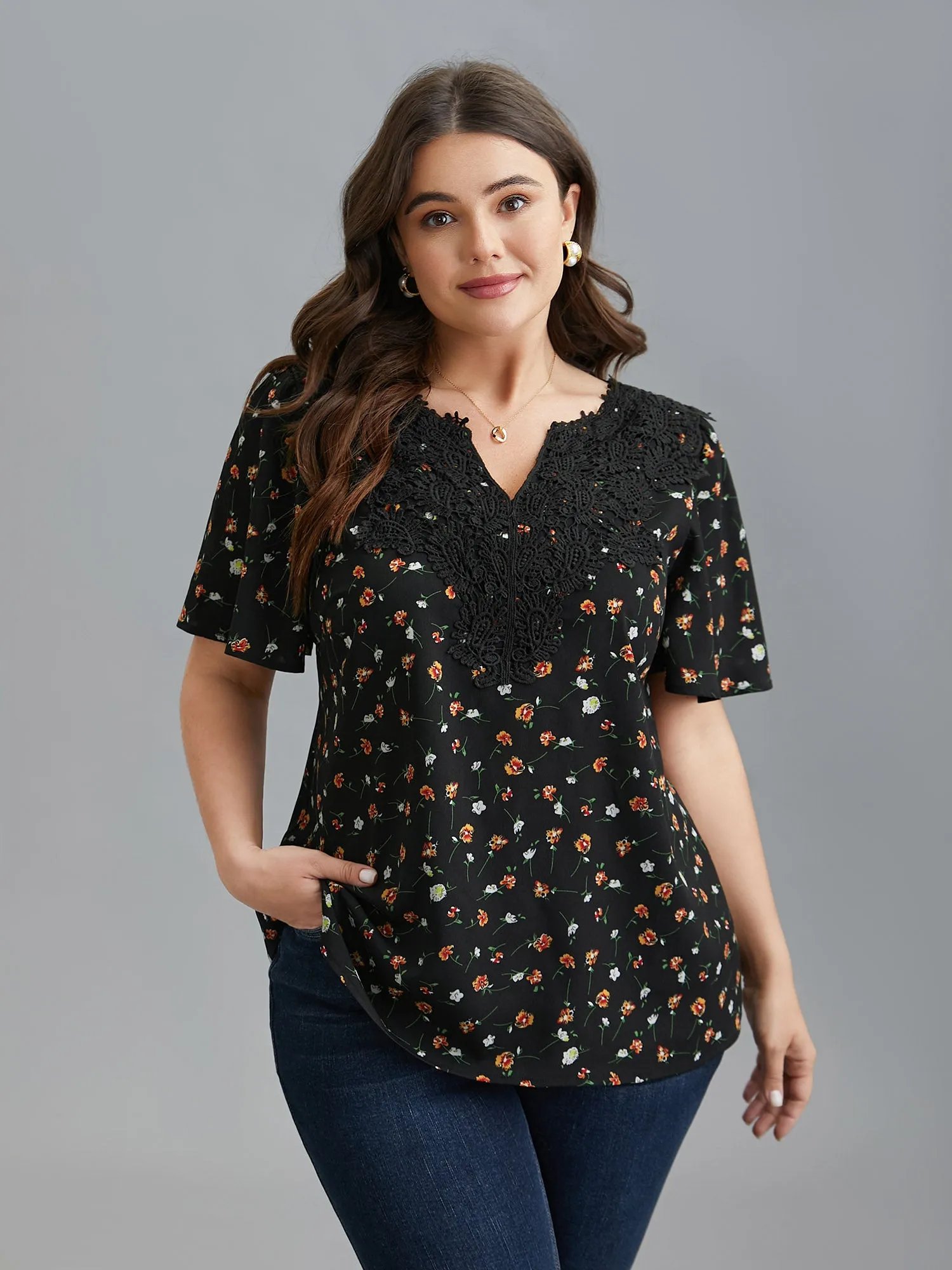 Lace Spliced Floral Print Notched Collar Blouse sold by Bloomchic