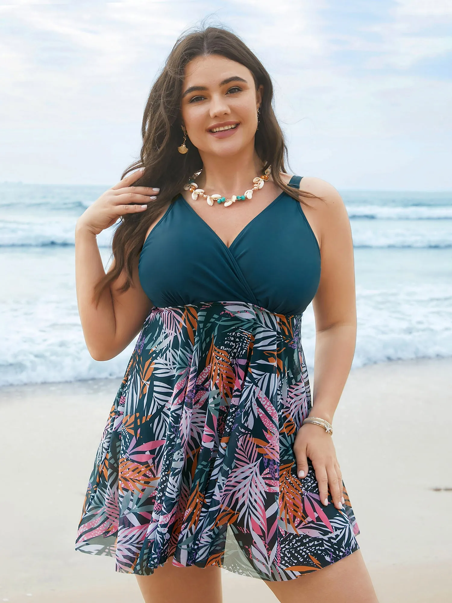 Tropical Leaf Print Mesh Flowy Swim Dress sold by Bloomchic