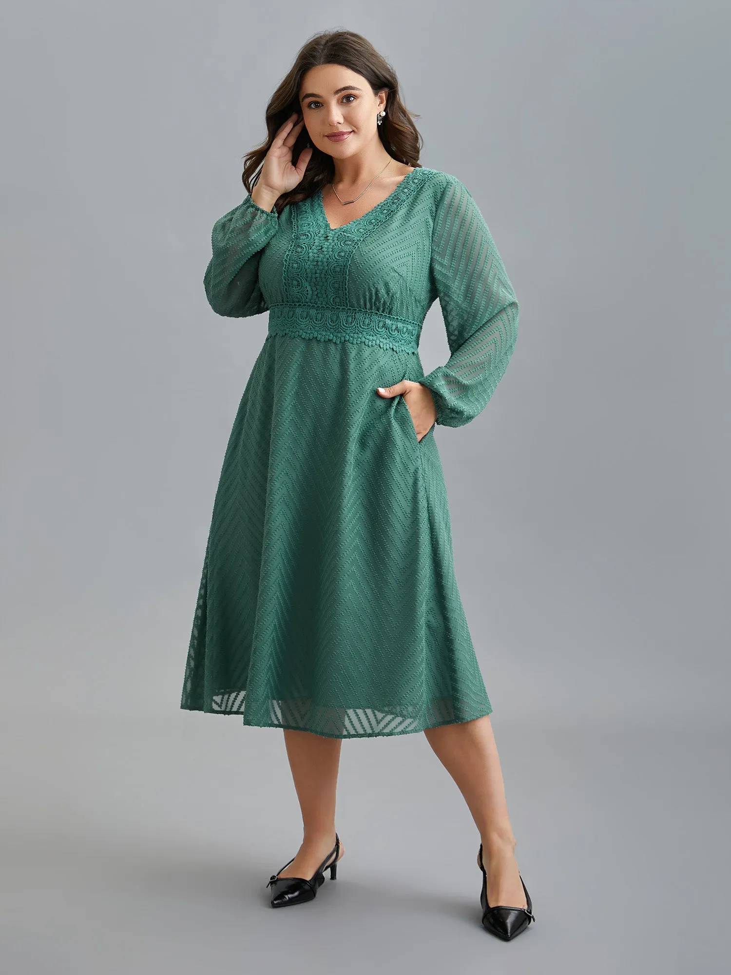 Sheer Textured Lace Detail Pockets Midi Dress sold by Bloomchic product image thumbnail 2