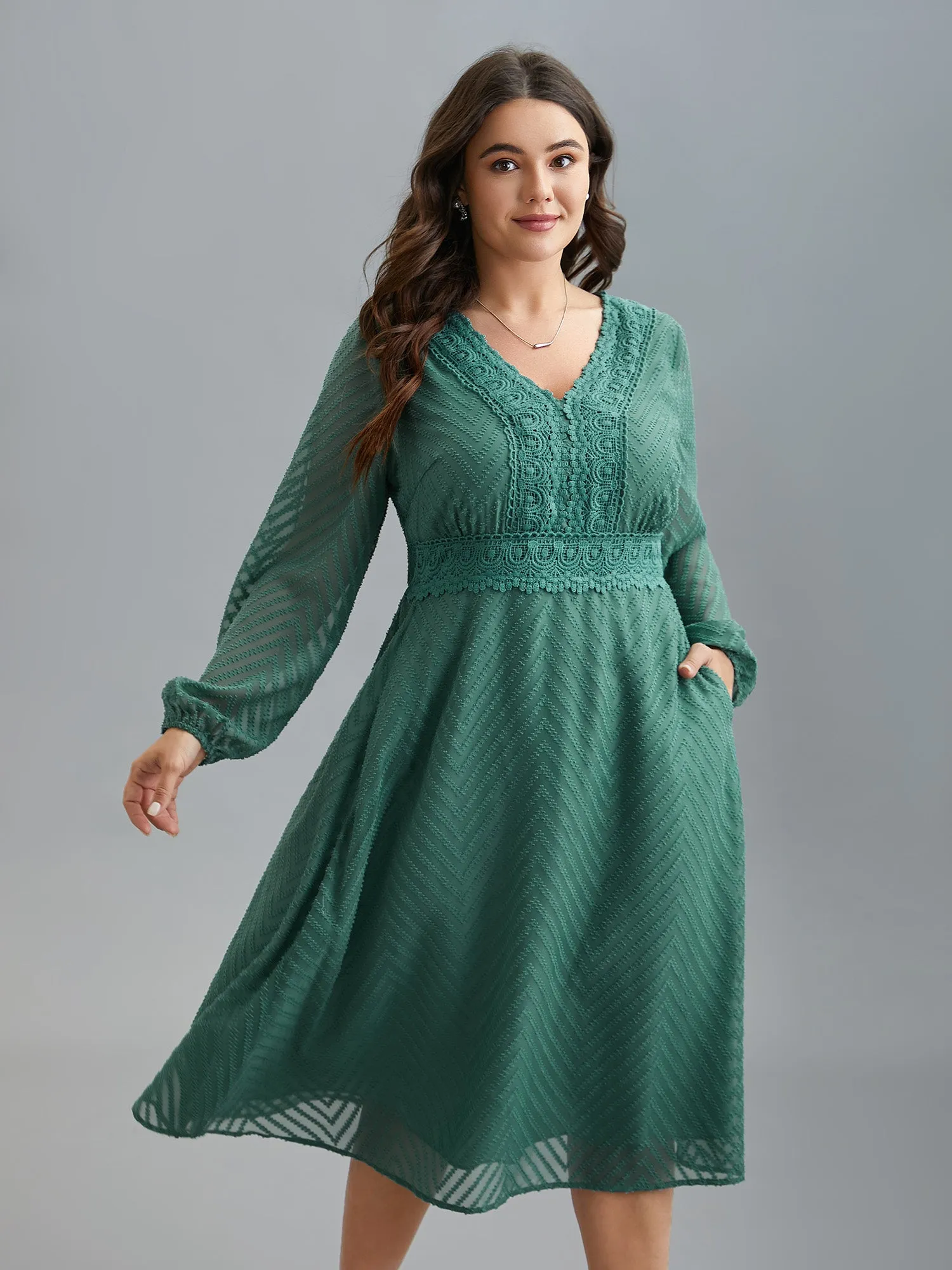 Sheer Textured Lace Detail Pockets Midi Dress sold by Bloomchic product image thumbnail 3