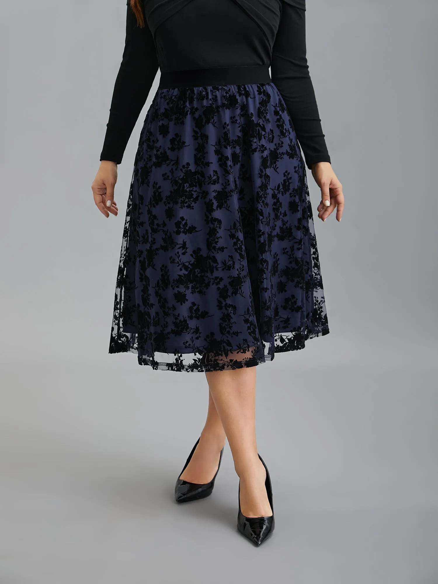 Floral Flocked Flared Midi Skirt sold by Bloomchic product image thumbnail 3