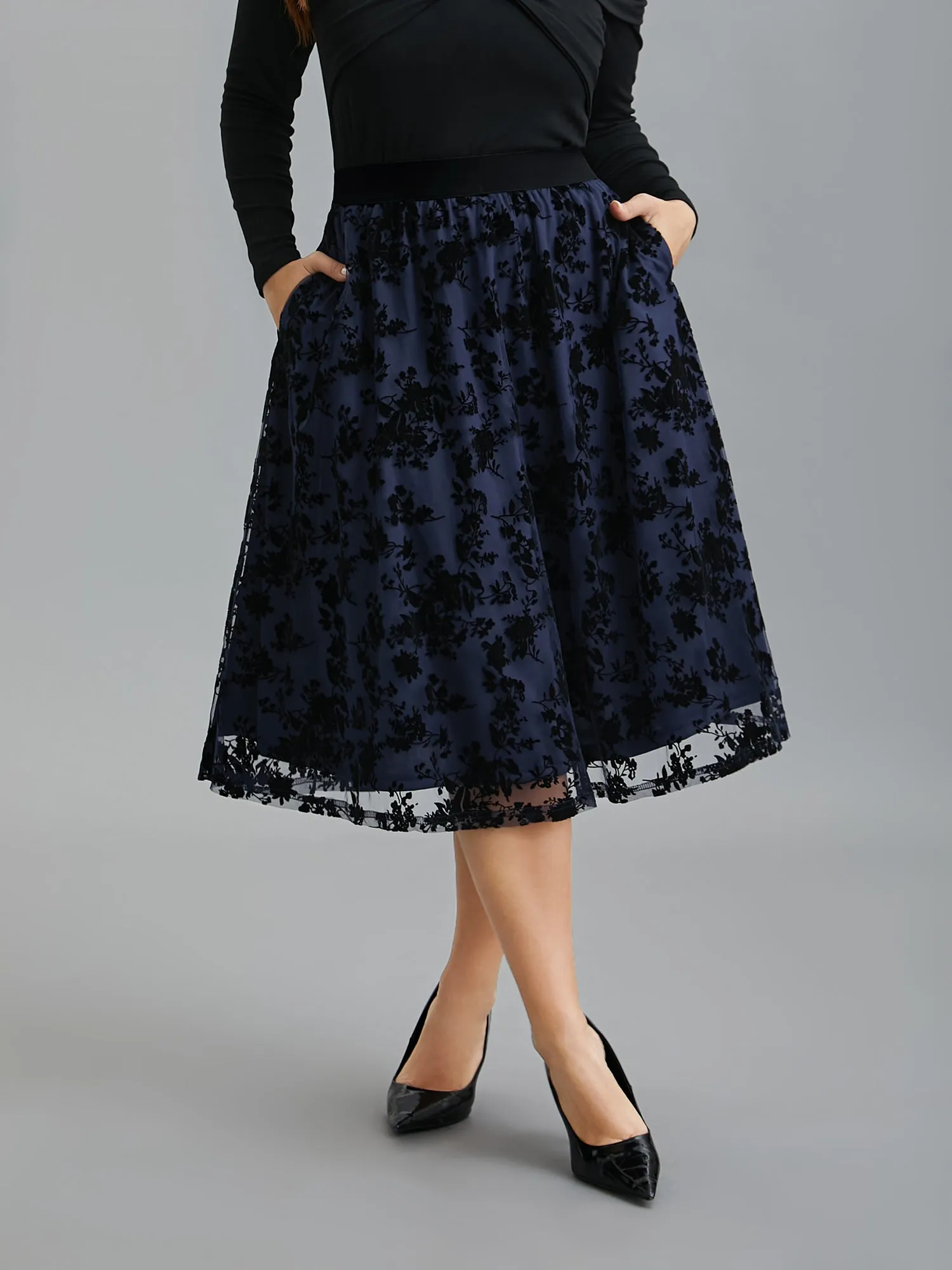 Floral Flocked Flared Midi Skirt sold by Bloomchic