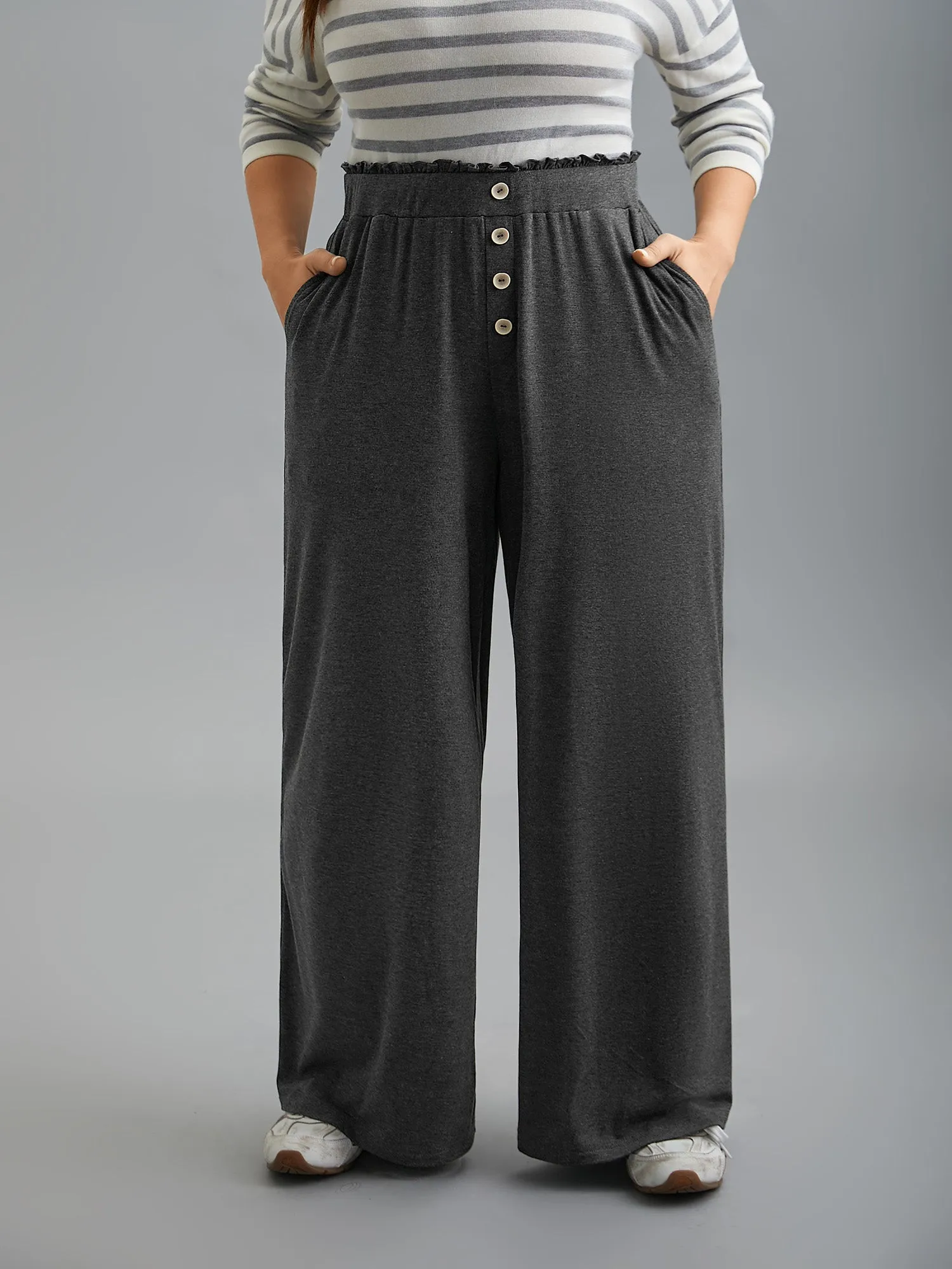 Button-Front Ruffled Waist Stretchy Pants sold by Bloomchic