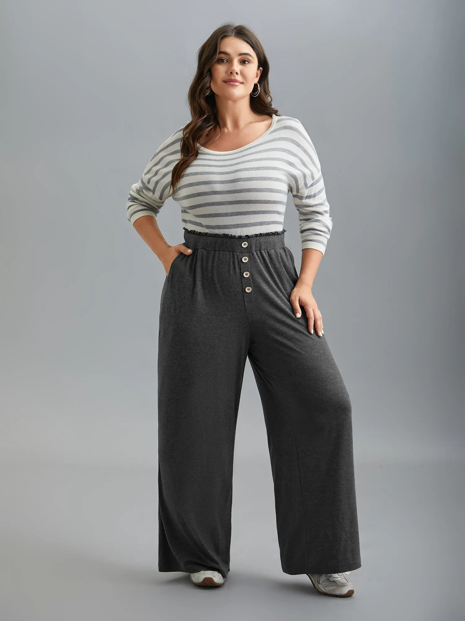 Button-Front Ruffled Waist Stretchy Pants sold by Bloomchic product image thumbnail 2