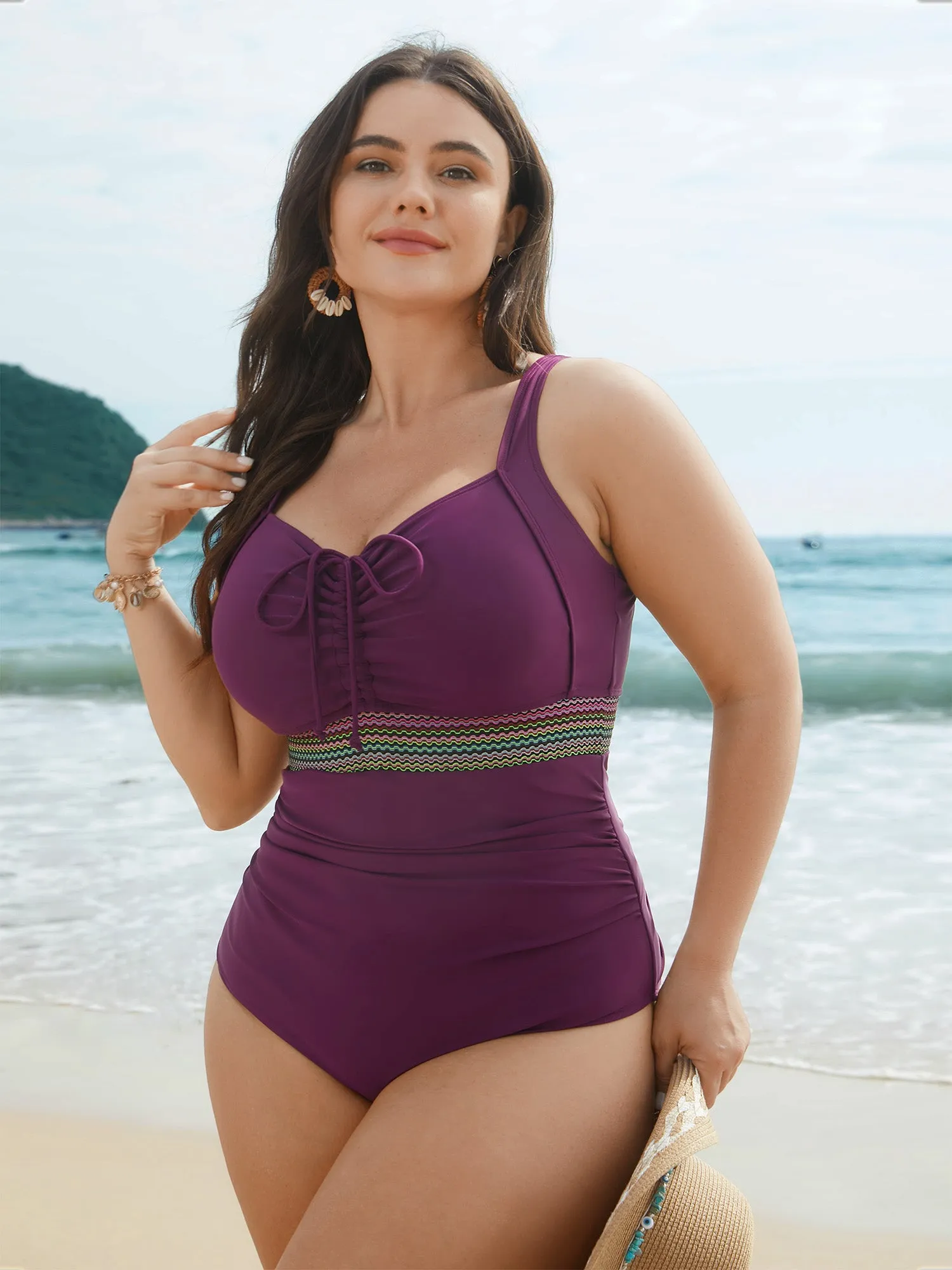 Adjustable Drawstring Ruched Contrast Webbing One-Piece Swimsuit sold by Bloomchic product image thumbnail 3