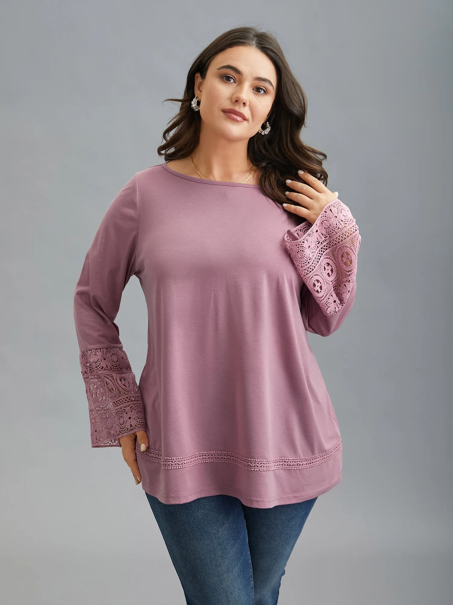 Boat Neck Lace Design Plain Knit Top sold by Bloomchic