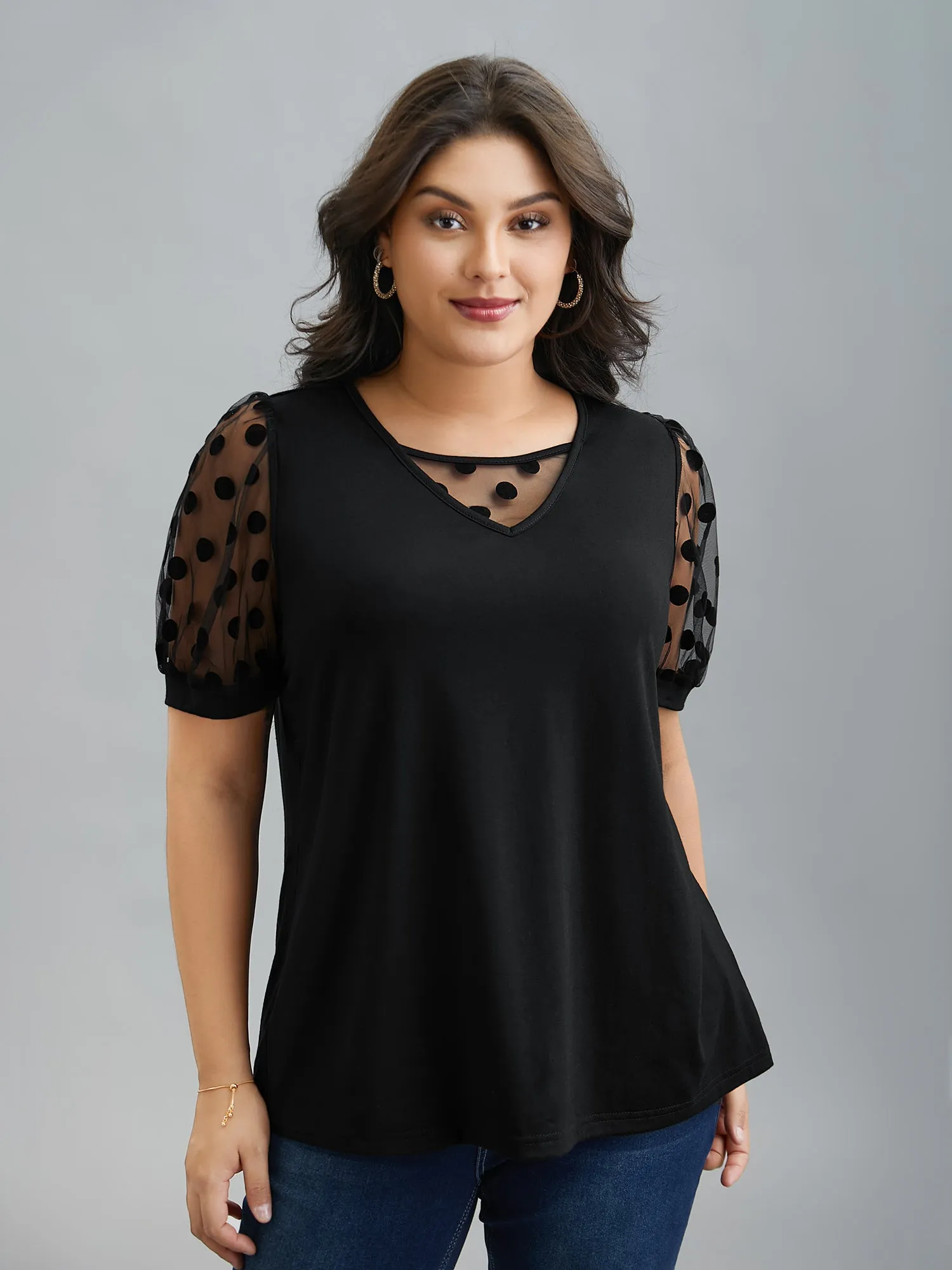 Sheer Sleeves Textured Polka Dots Stretchy Top sold by Bloomchic