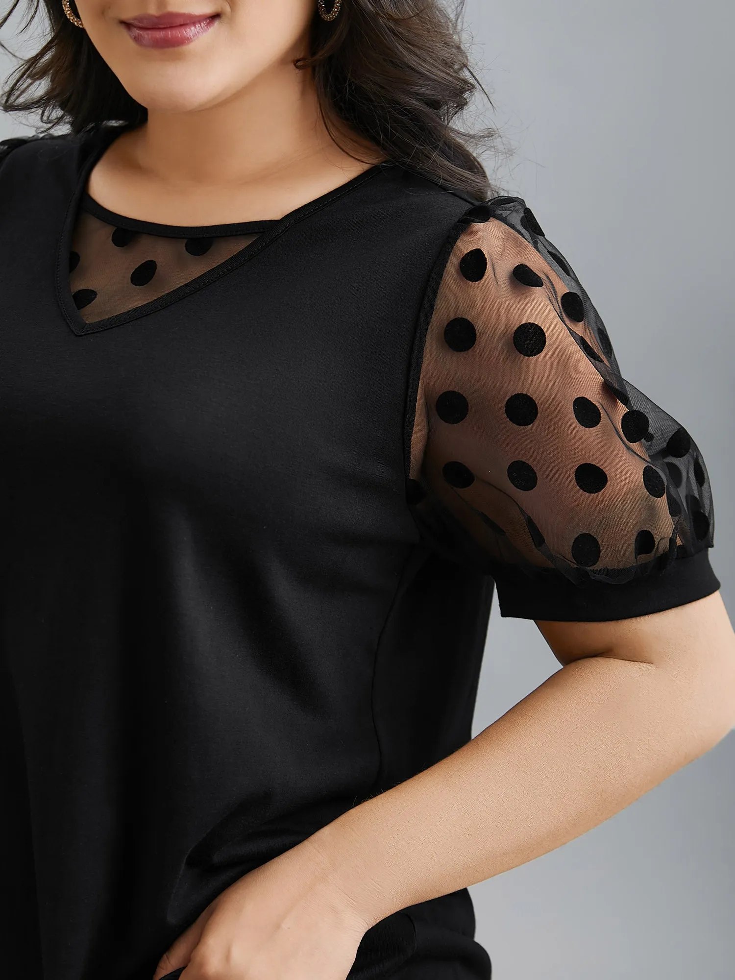 Sheer Sleeves Textured Polka Dots Stretchy Top sold by Bloomchic product image thumbnail 5