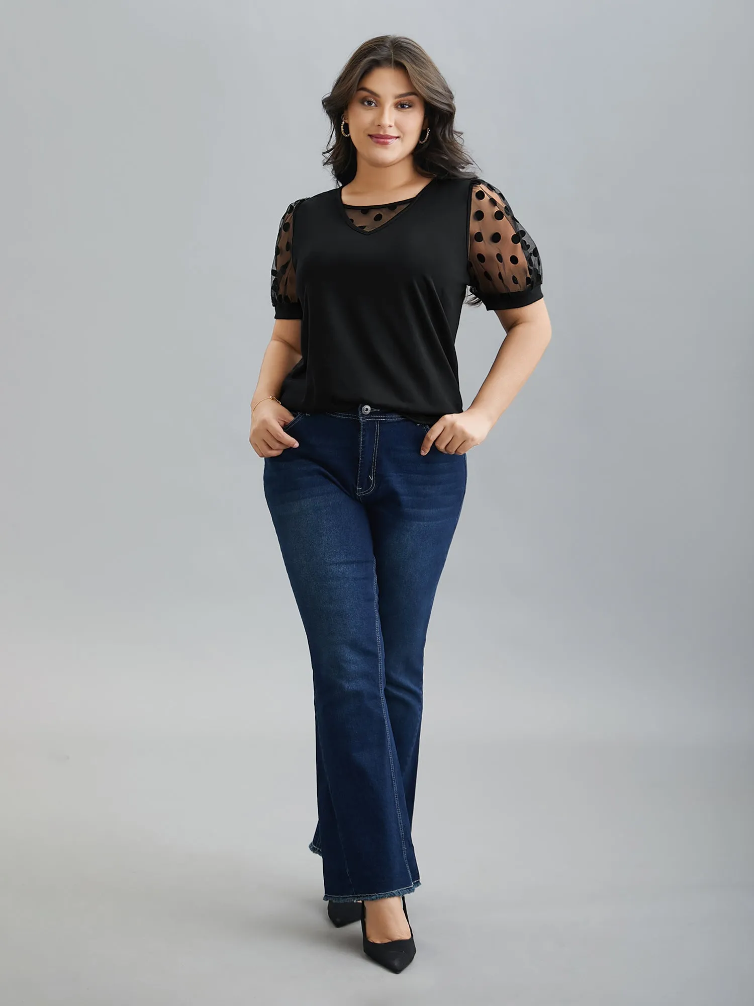 Sheer Sleeves Textured Polka Dots Stretchy Top sold by Bloomchic product image thumbnail 4