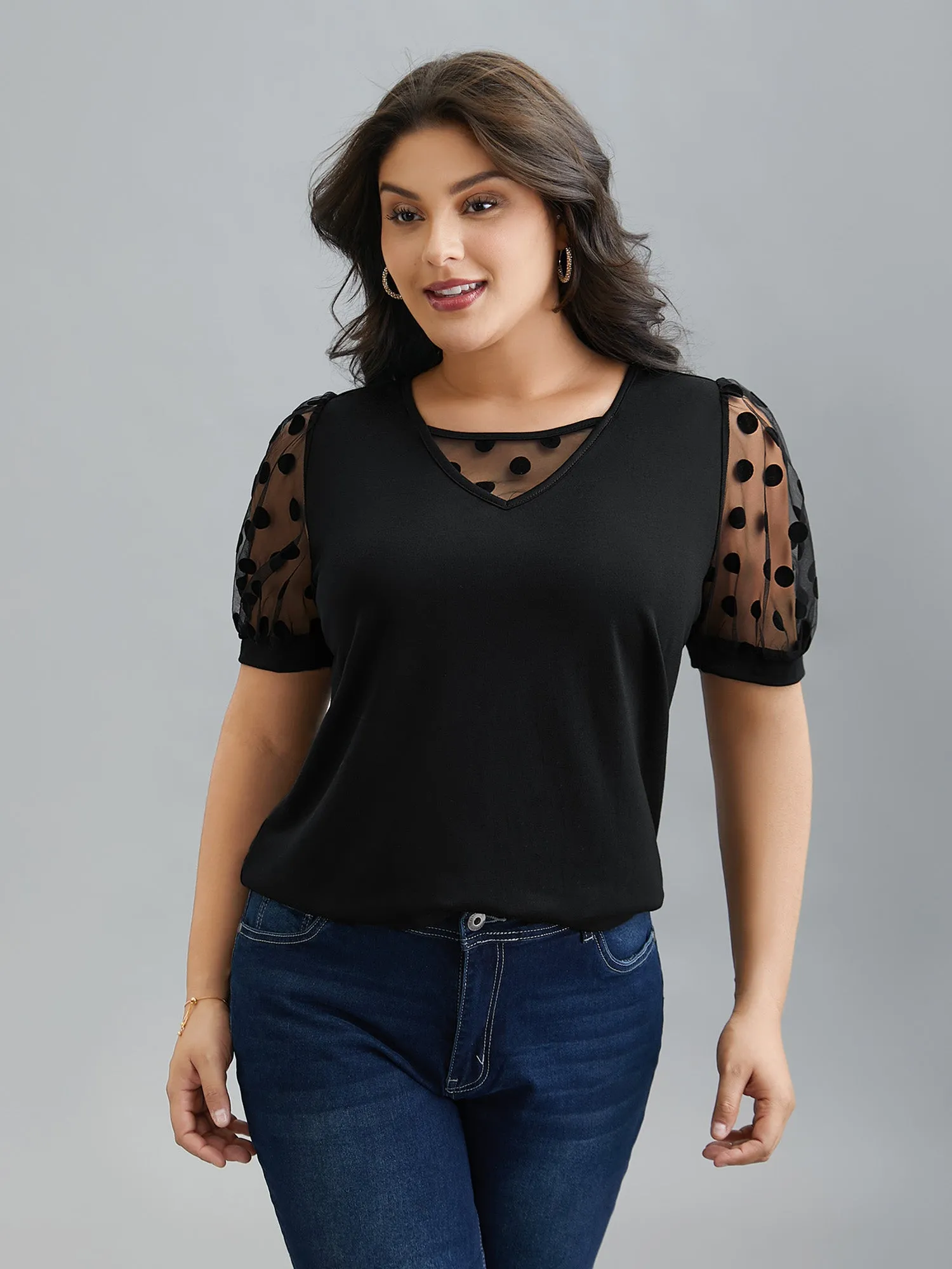 Sheer Sleeves Textured Polka Dots Stretchy Top sold by Bloomchic product image thumbnail 2