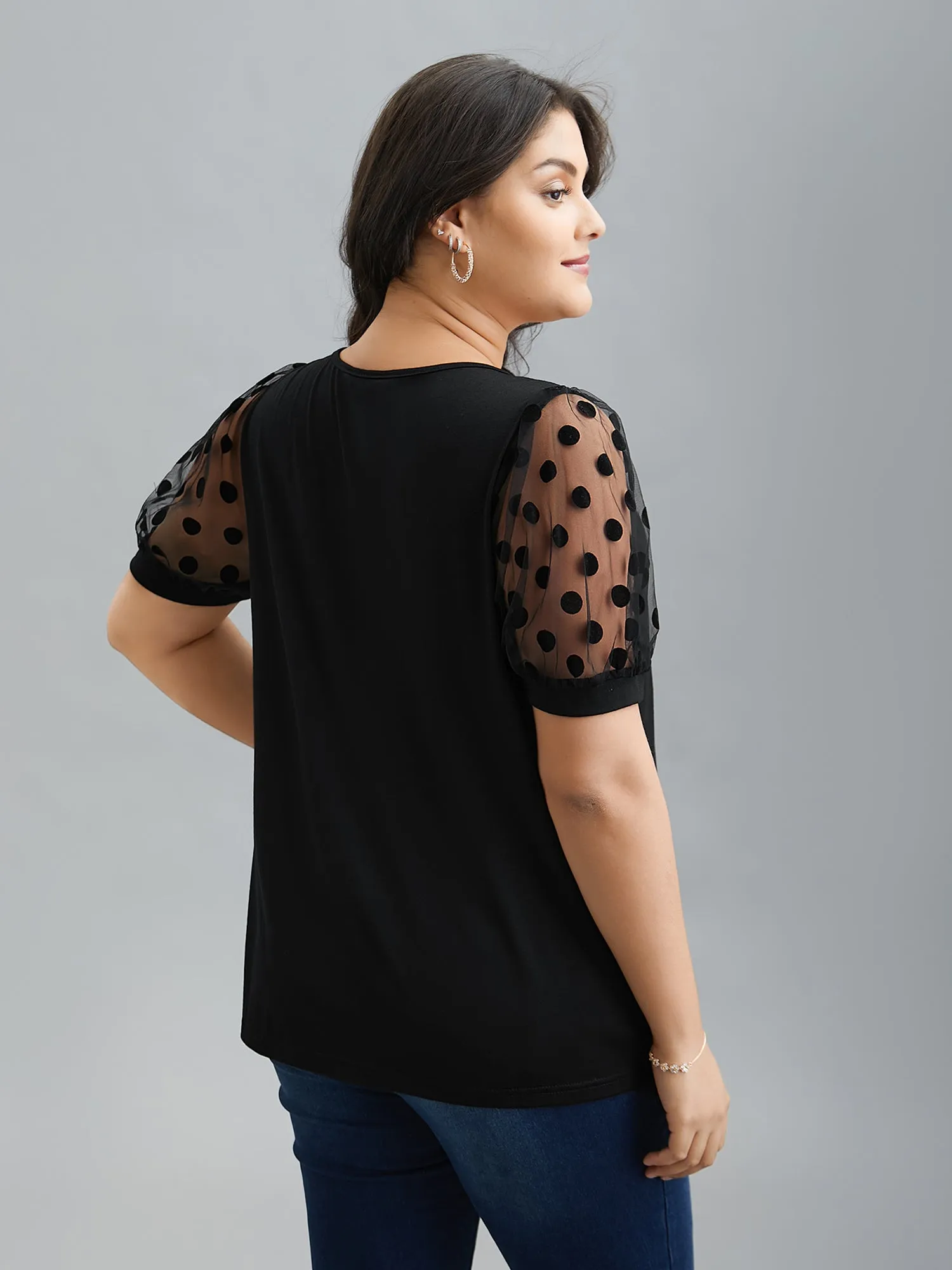Sheer Sleeves Textured Polka Dots Stretchy Top sold by Bloomchic product image thumbnail 3