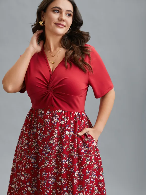 Twist-Front V-Neck Stretchy Waist Midi Dress sold by Bloomchic