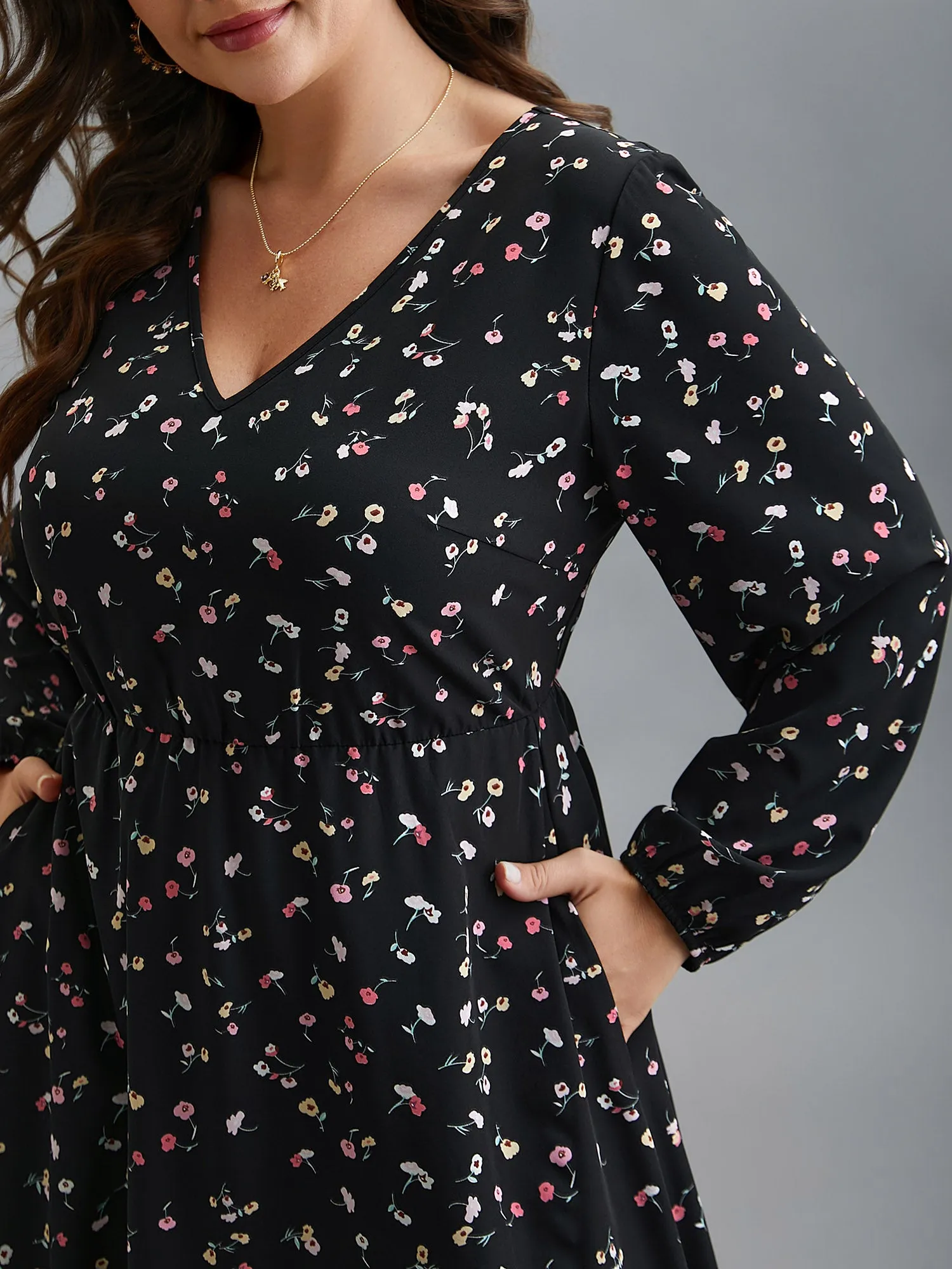 Floral Print V-Neck Waist-Defined Midi Dress sold by Bloomchic product image thumbnail 2
