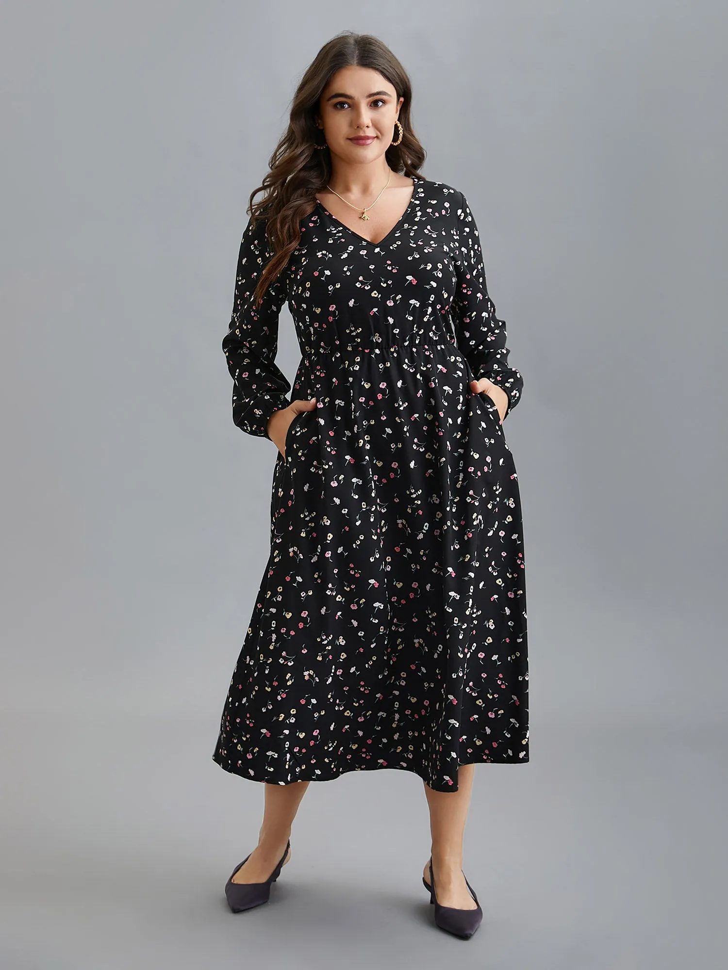 Floral Print V-Neck Waist-Defined Midi Dress sold by Bloomchic product image thumbnail 4