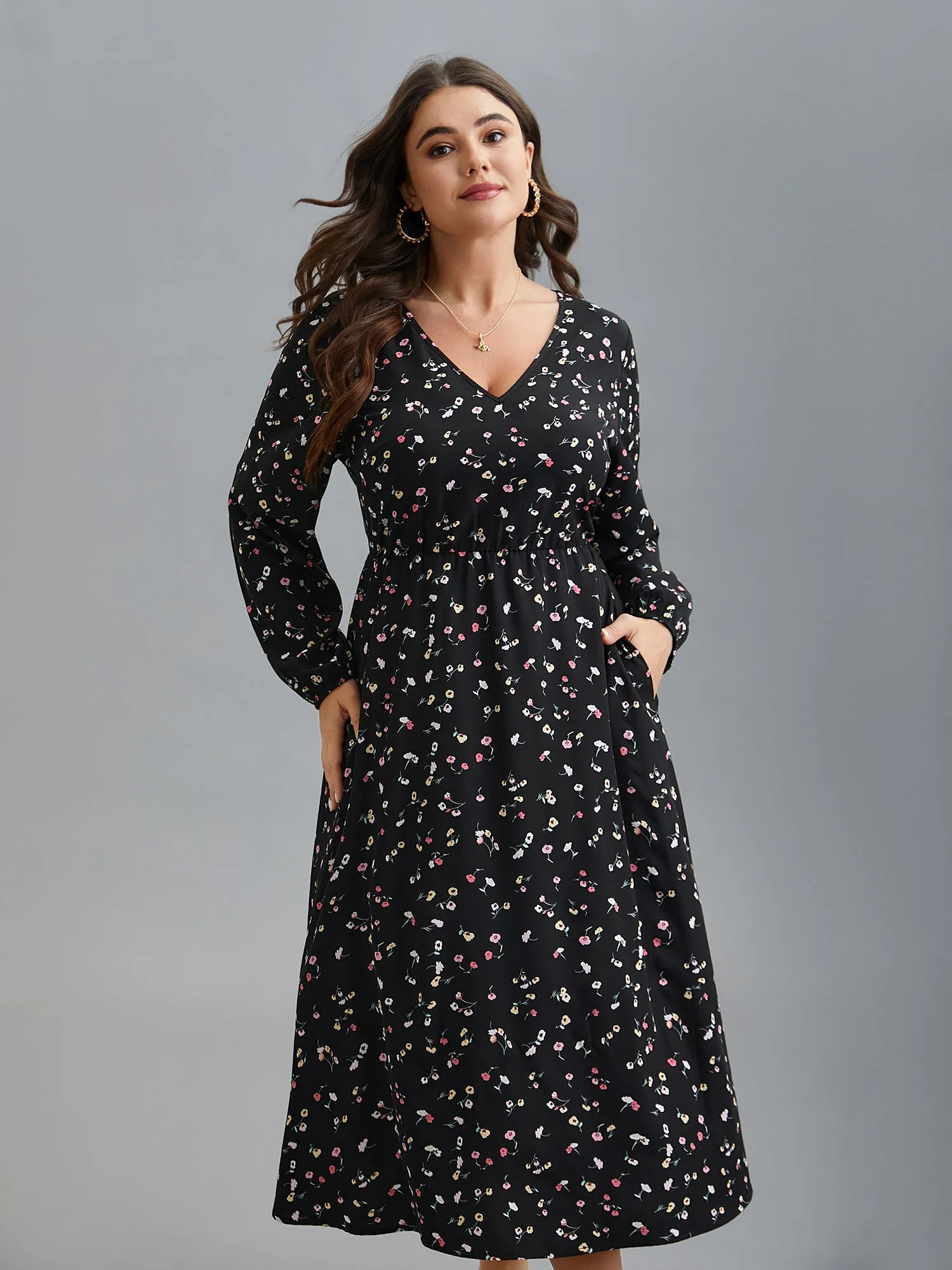 Floral Print V-Neck Waist-Defined Midi Dress sold by Bloomchic