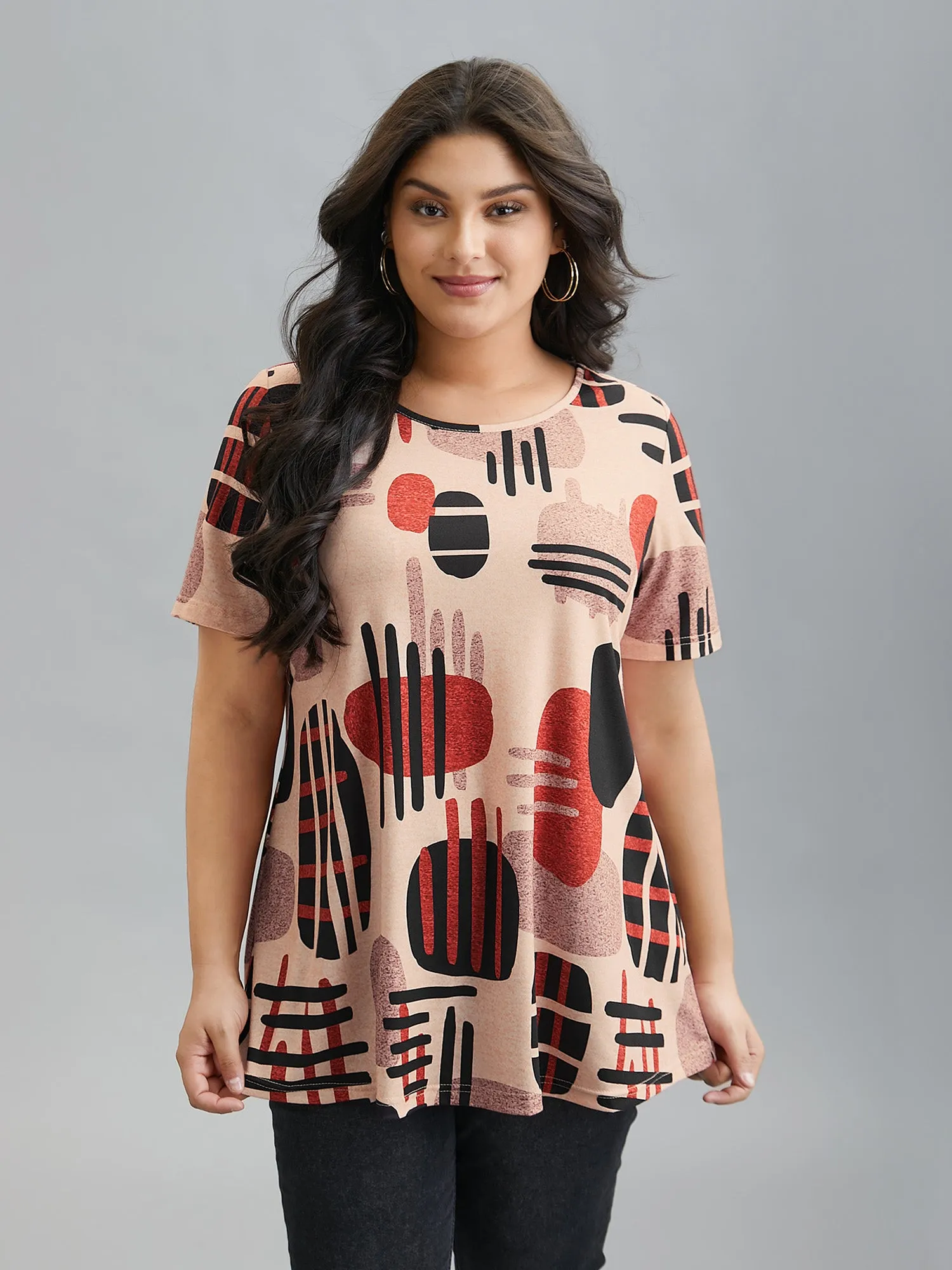 Geometric Print Round Neck Fitted T-Shirt sold by Bloomchic