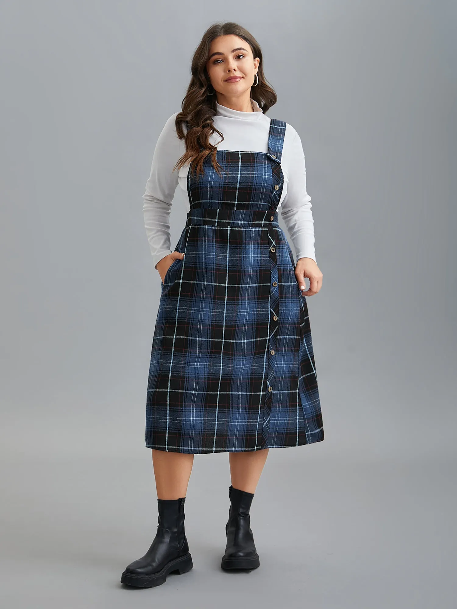 Plaid Pattern Overall Buttons Slit Midi Dress sold by Bloomchic product image thumbnail 4