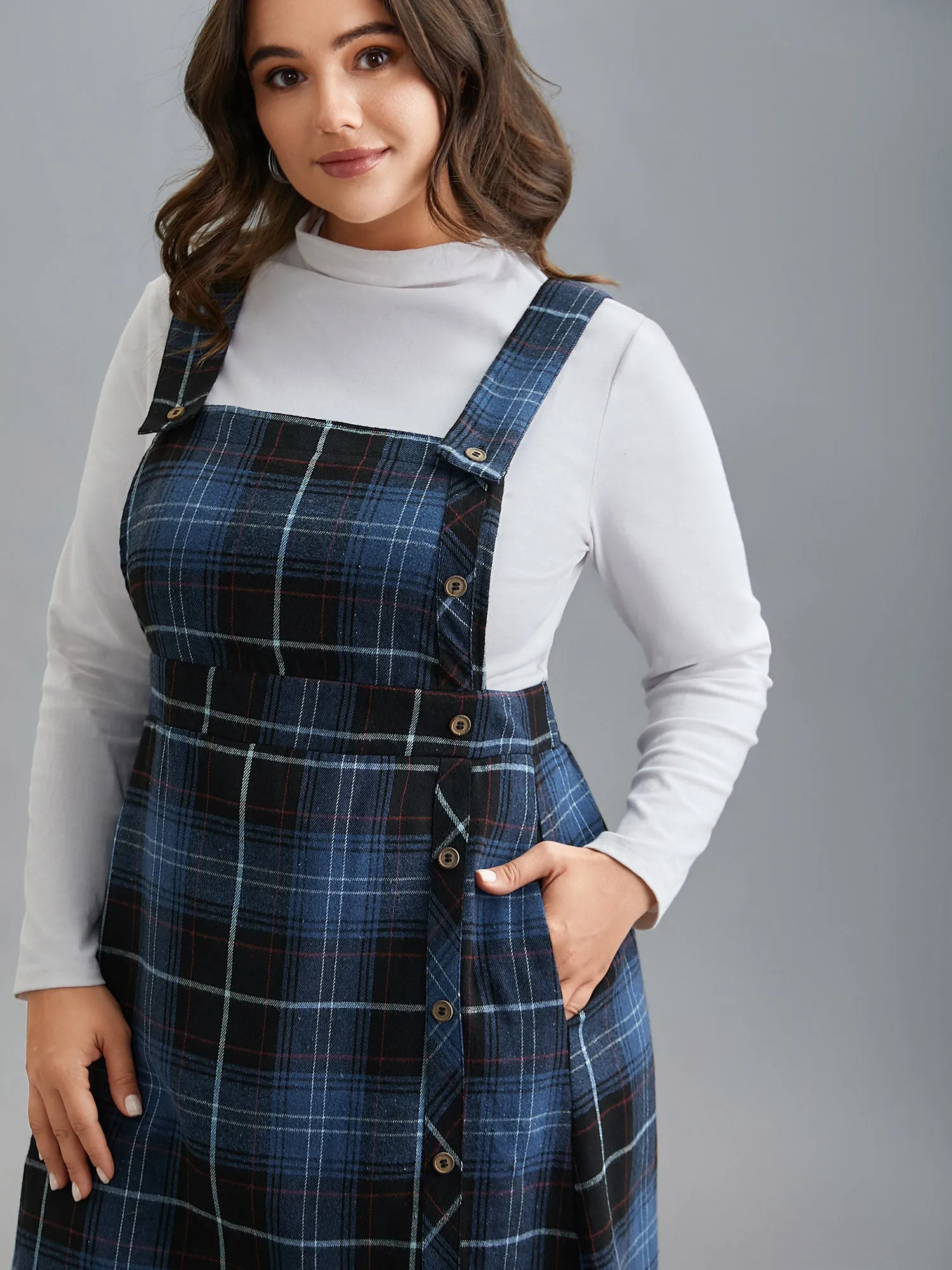 Plaid Pattern Overall Buttons Slit Midi Dress sold by Bloomchic product image thumbnail 2