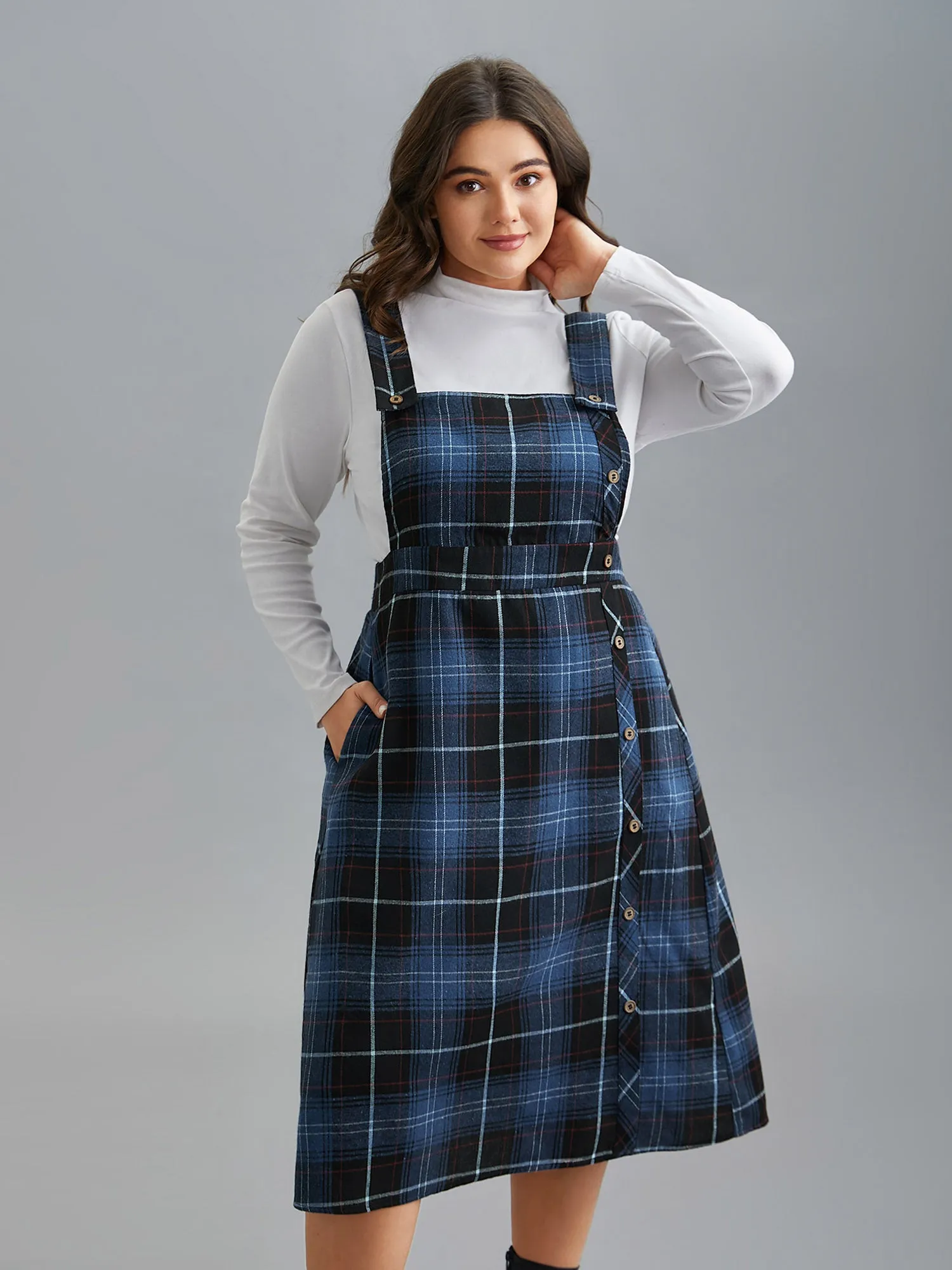 Plaid Pattern Overall Buttons Slit Midi Dress sold by Bloomchic