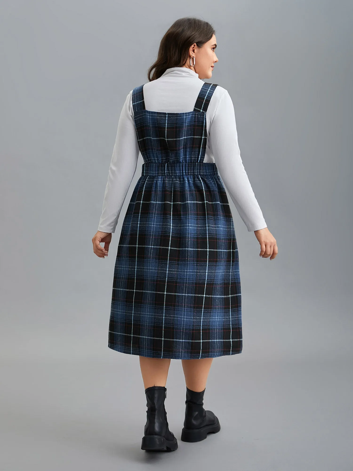 Plaid Pattern Overall Buttons Slit Midi Dress sold by Bloomchic product image thumbnail 5