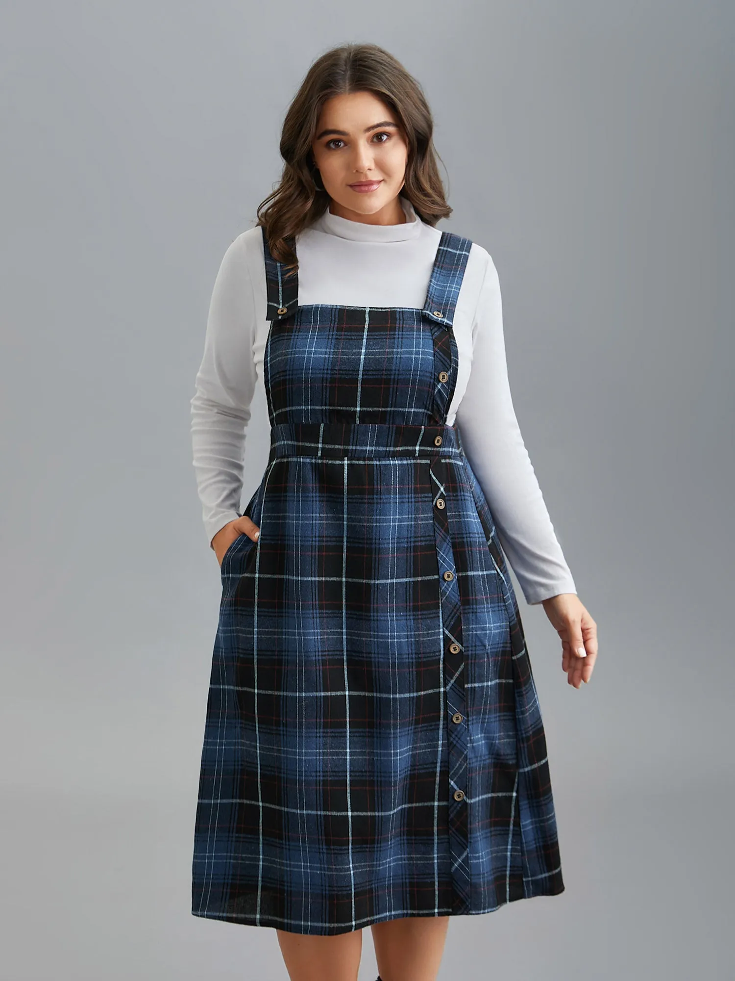 Plaid Pattern Overall Buttons Slit Midi Dress sold by Bloomchic product image thumbnail 3
