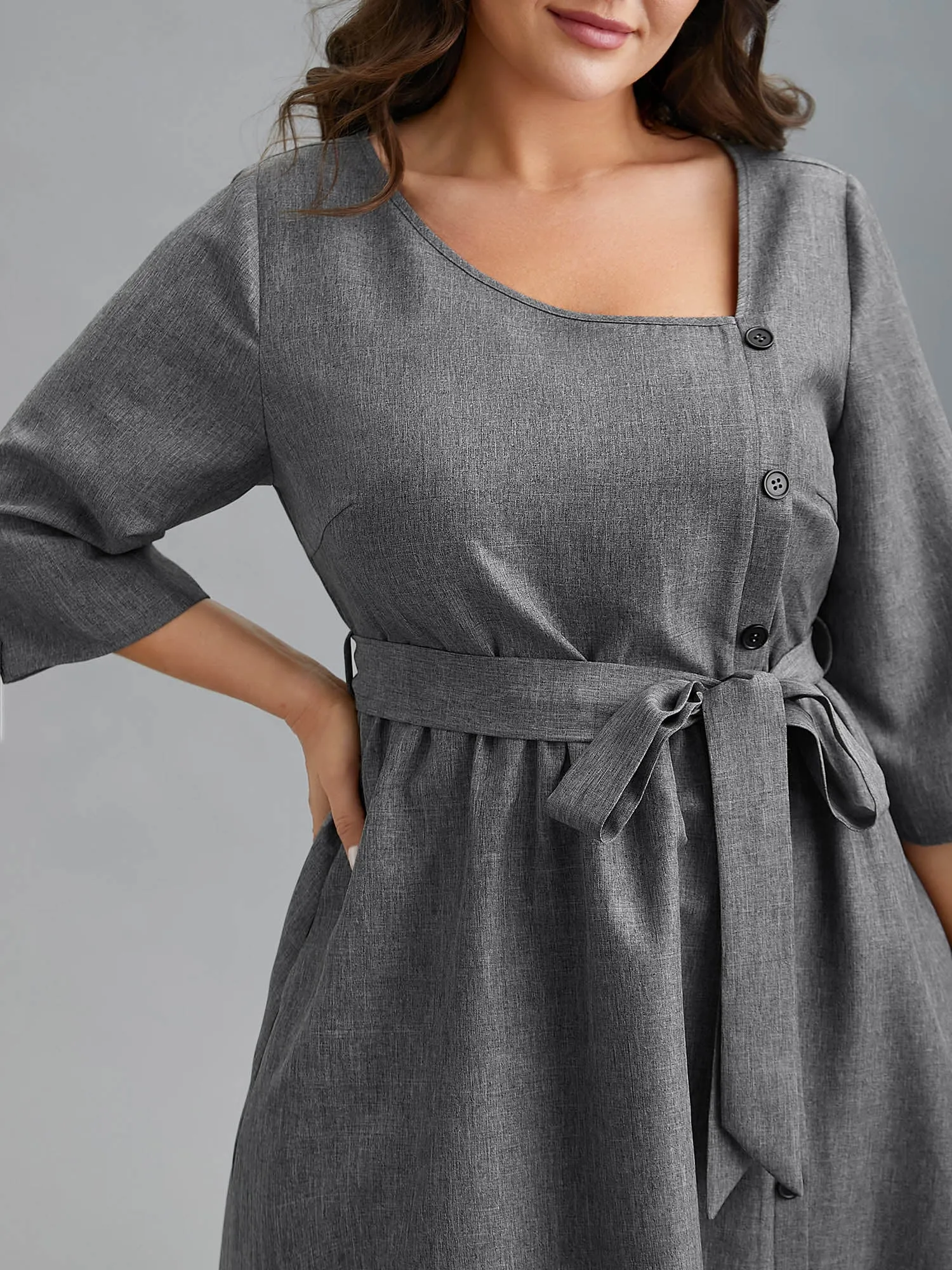 Asymmetrical Neckline Belted Pockets Midi Dress sold by Bloomchic product image thumbnail 2