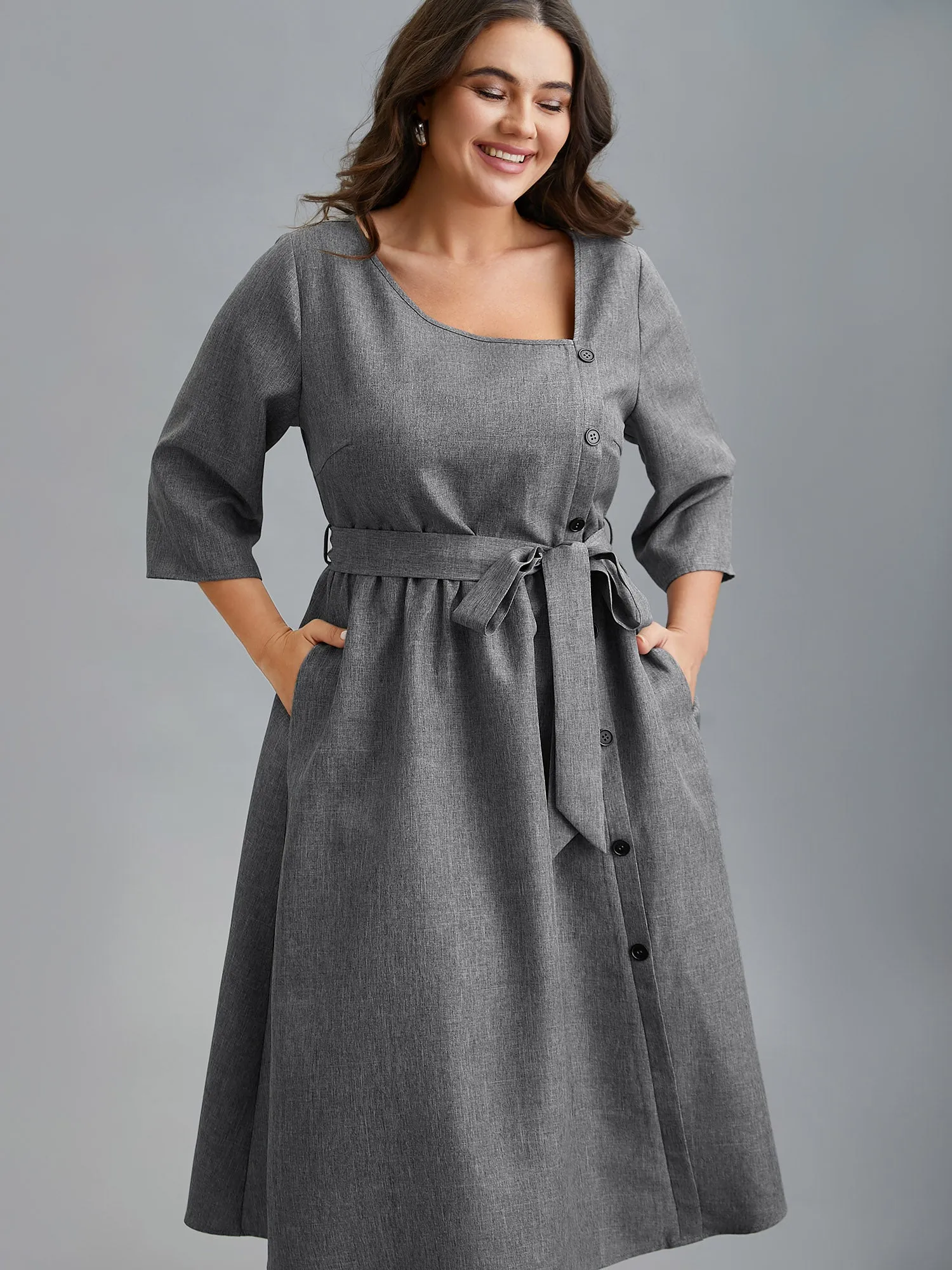 Asymmetrical Neckline Belted Pockets Midi Dress sold by Bloomchic