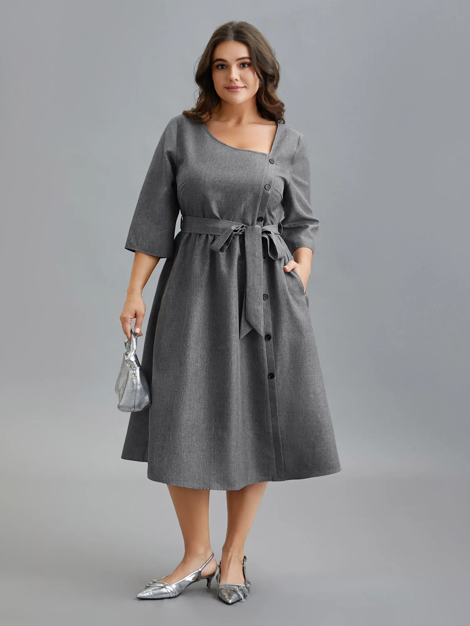 Asymmetrical Neckline Belted Pockets Midi Dress sold by Bloomchic product image thumbnail 3