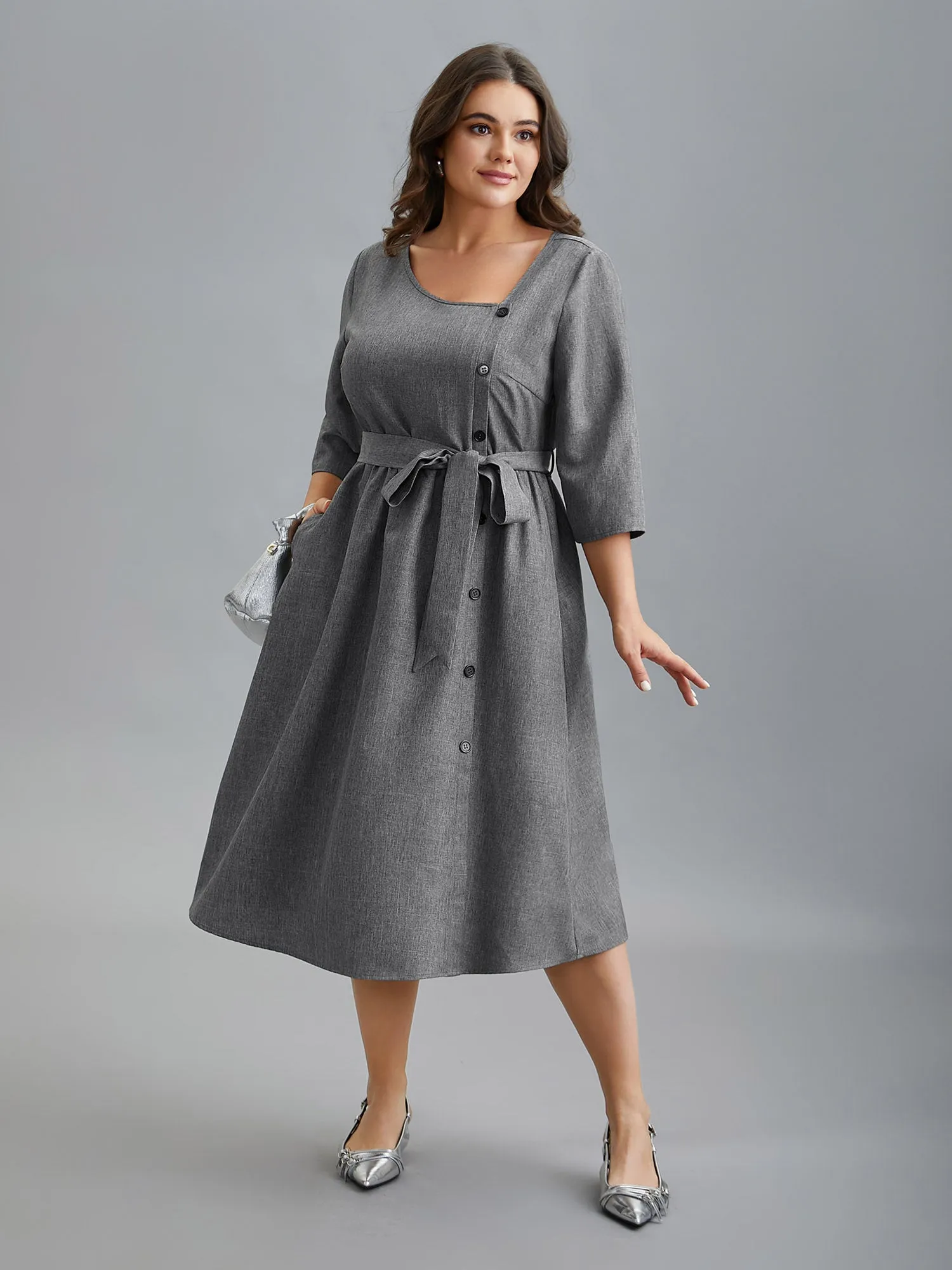 Asymmetrical Neckline Belted Pockets Midi Dress sold by Bloomchic product image thumbnail 4