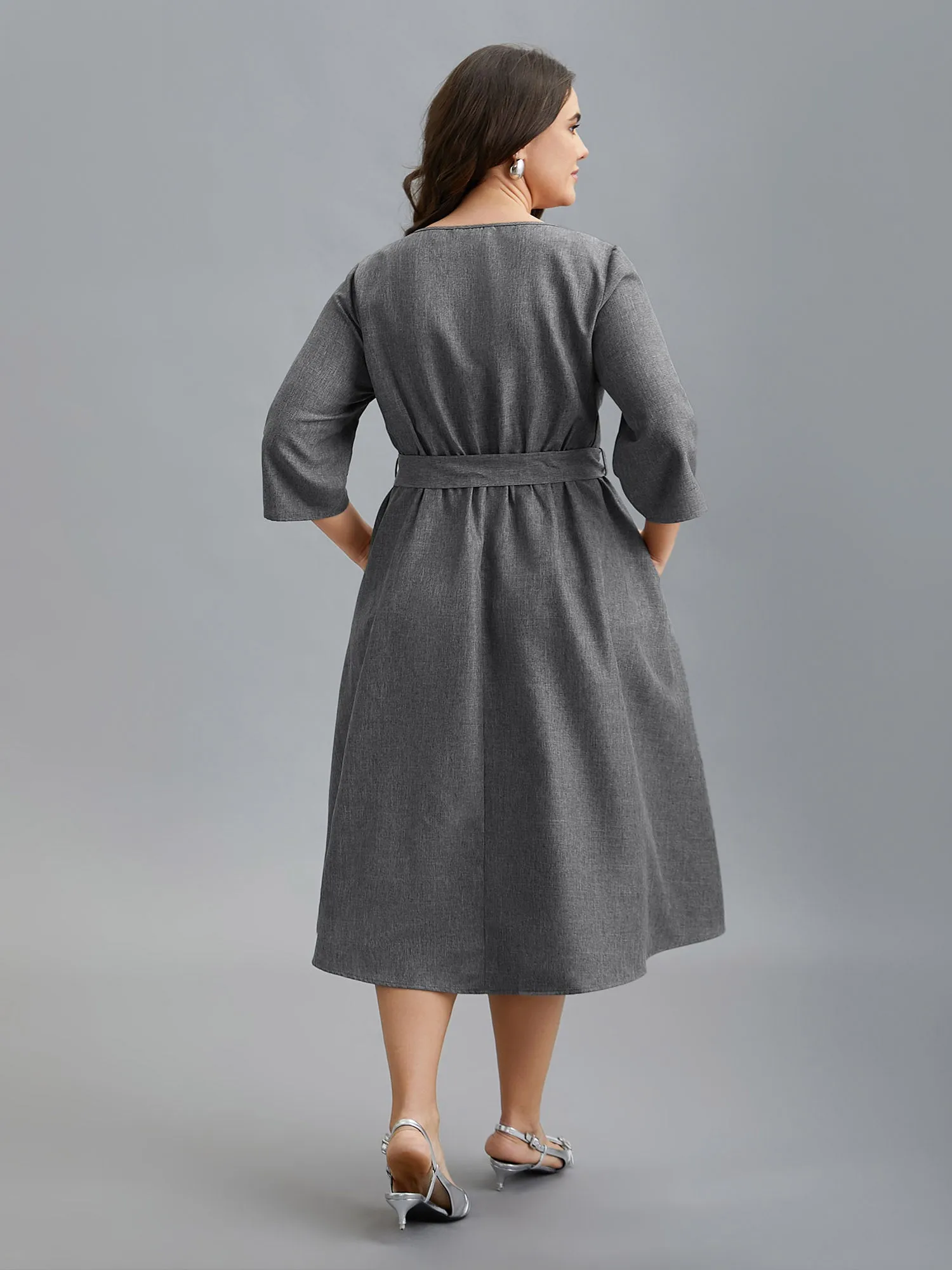 Asymmetrical Neckline Belted Pockets Midi Dress sold by Bloomchic product image thumbnail 5