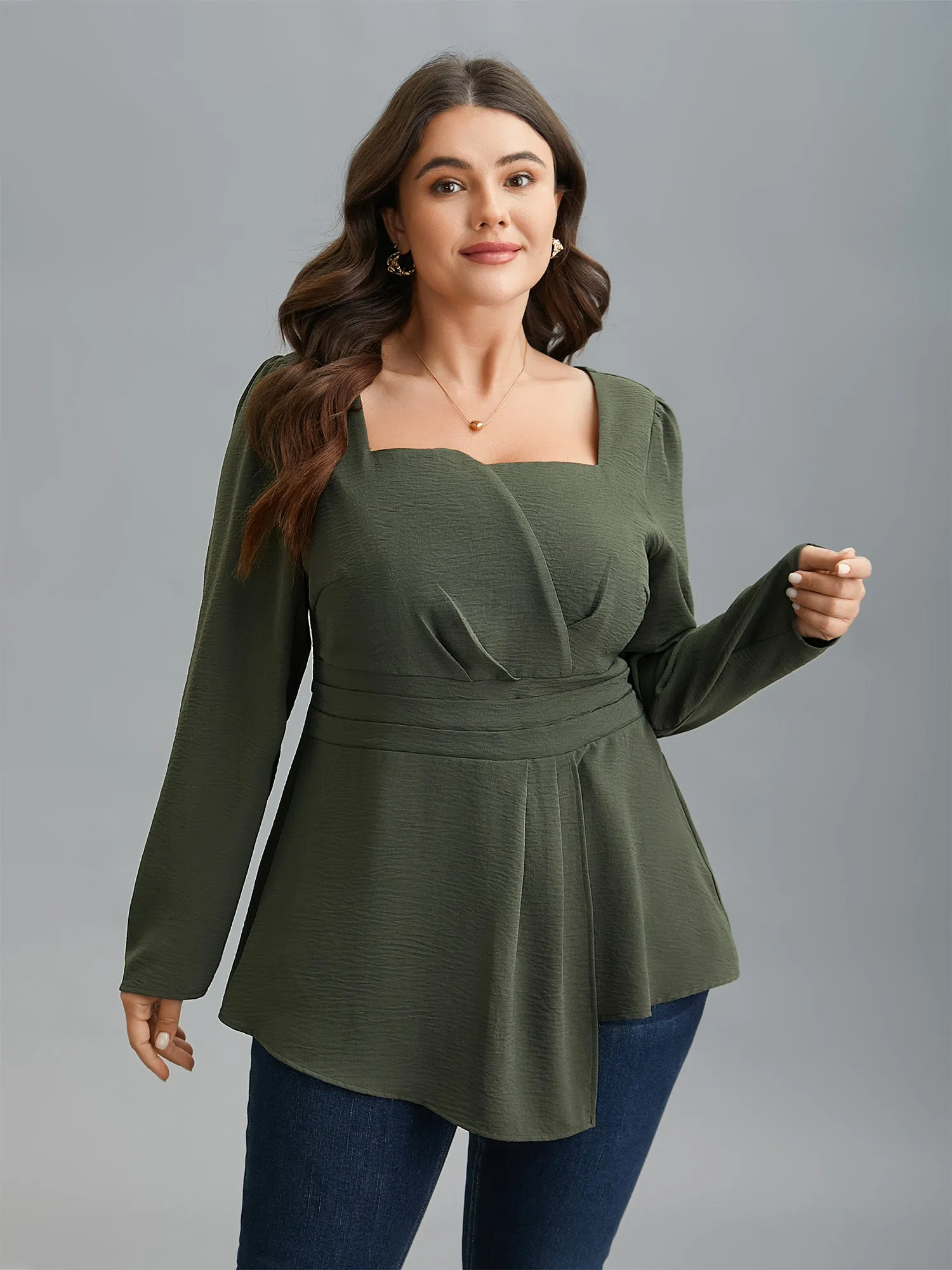 Asymmetrical Neckline Stretchy Waist Plicated Detail Blouse sold by Bloomchic