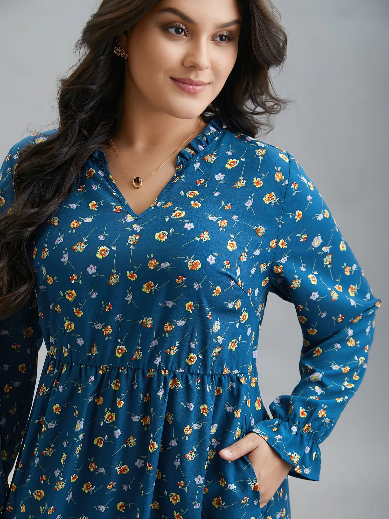 Floral Print Collar Tiered Skirt Midi Dress sold by Bloomchic