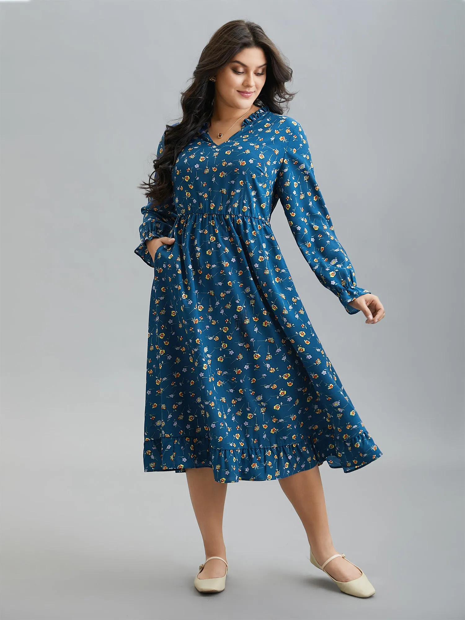 Floral Print Collar Tiered Skirt Midi Dress sold by Bloomchic product image thumbnail 3