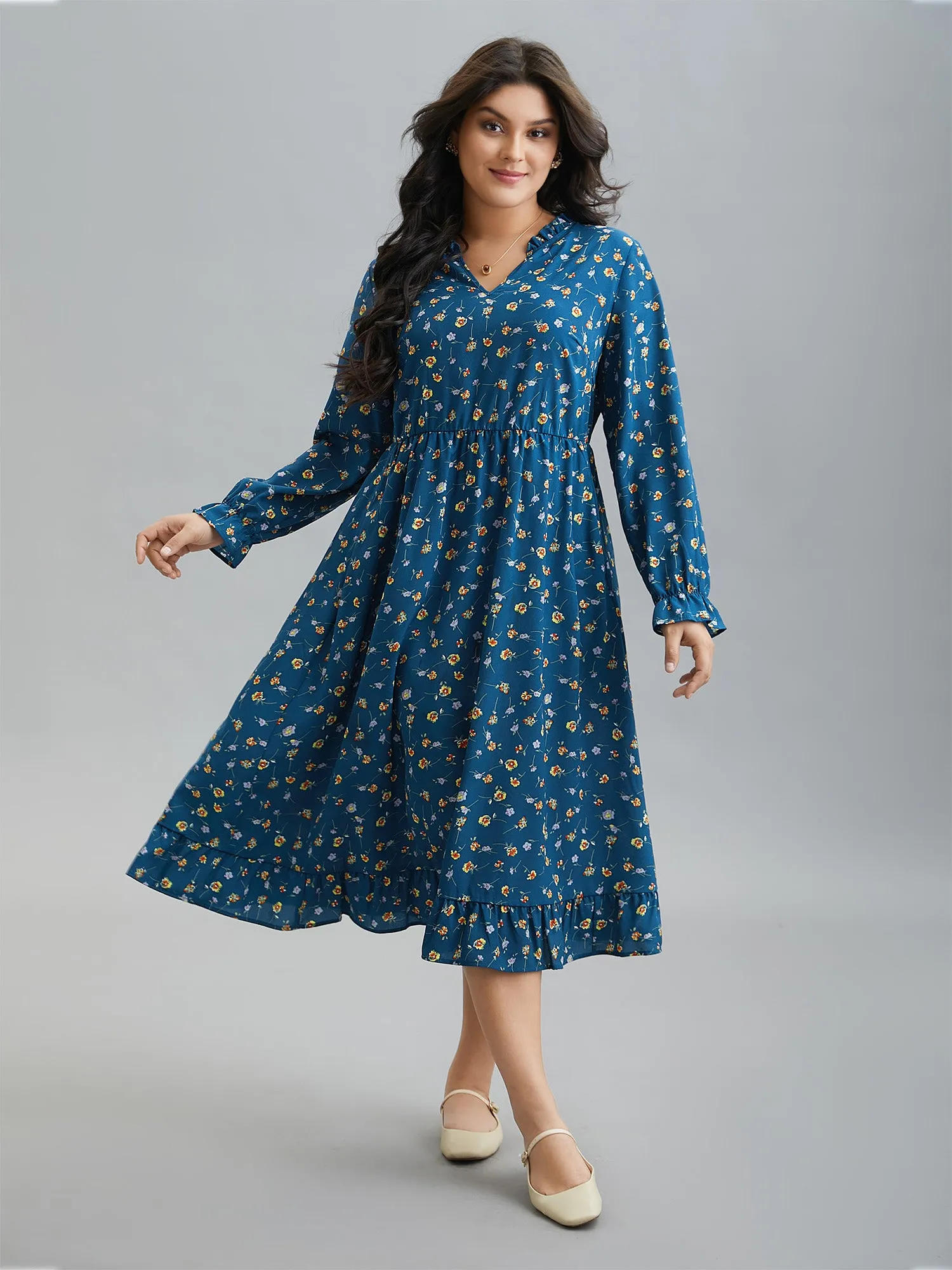 Floral Print Collar Tiered Skirt Midi Dress sold by Bloomchic product image thumbnail 2