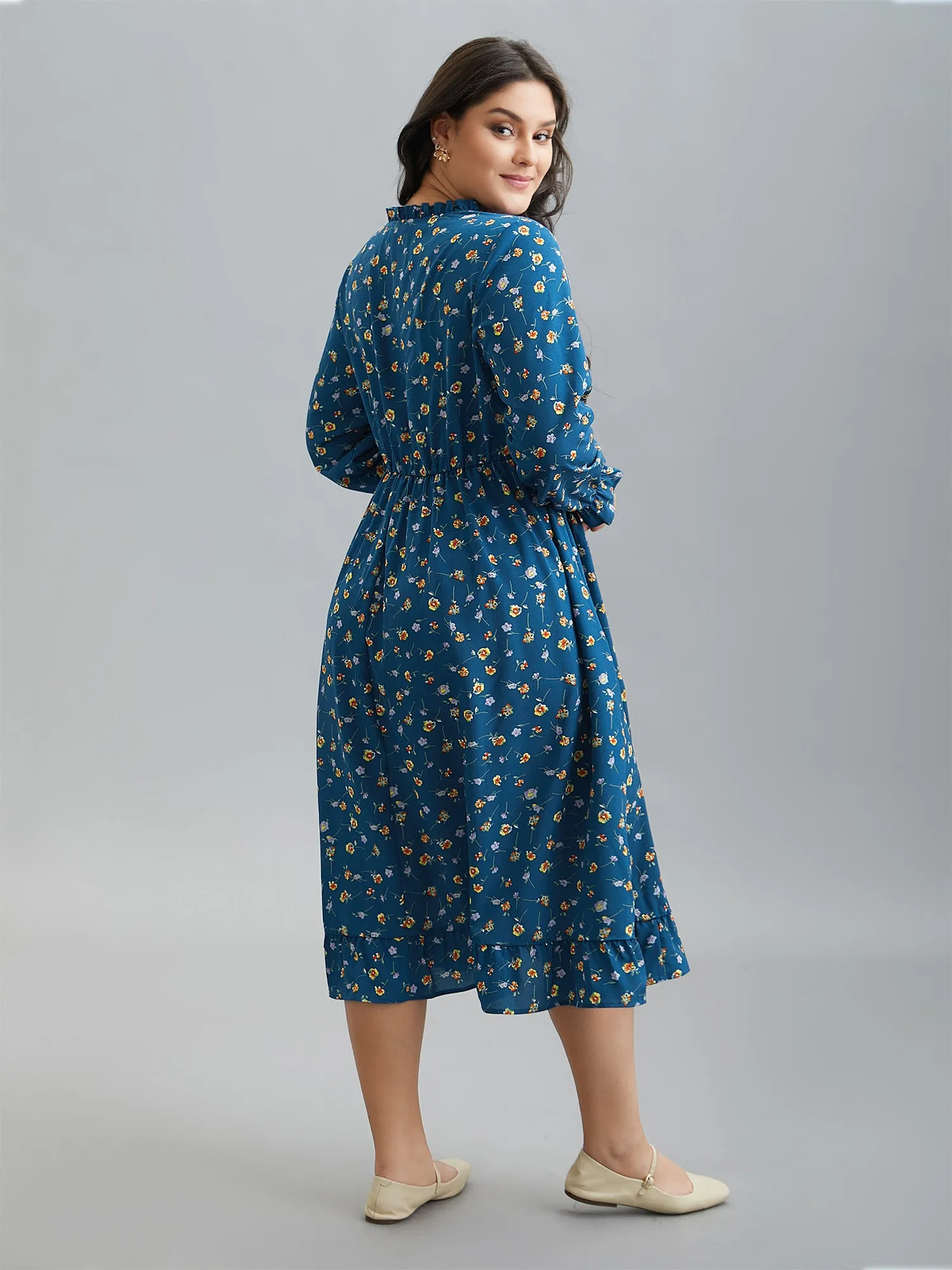 Floral Print Collar Tiered Skirt Midi Dress sold by Bloomchic product image thumbnail 5