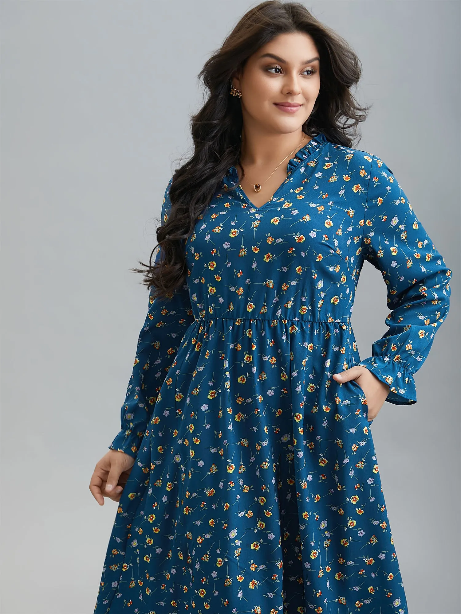 Floral Print Collar Tiered Skirt Midi Dress sold by Bloomchic product image thumbnail 4