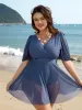 Surplice Neck Spliced Sheer Swim Dress sold by Bloomchic